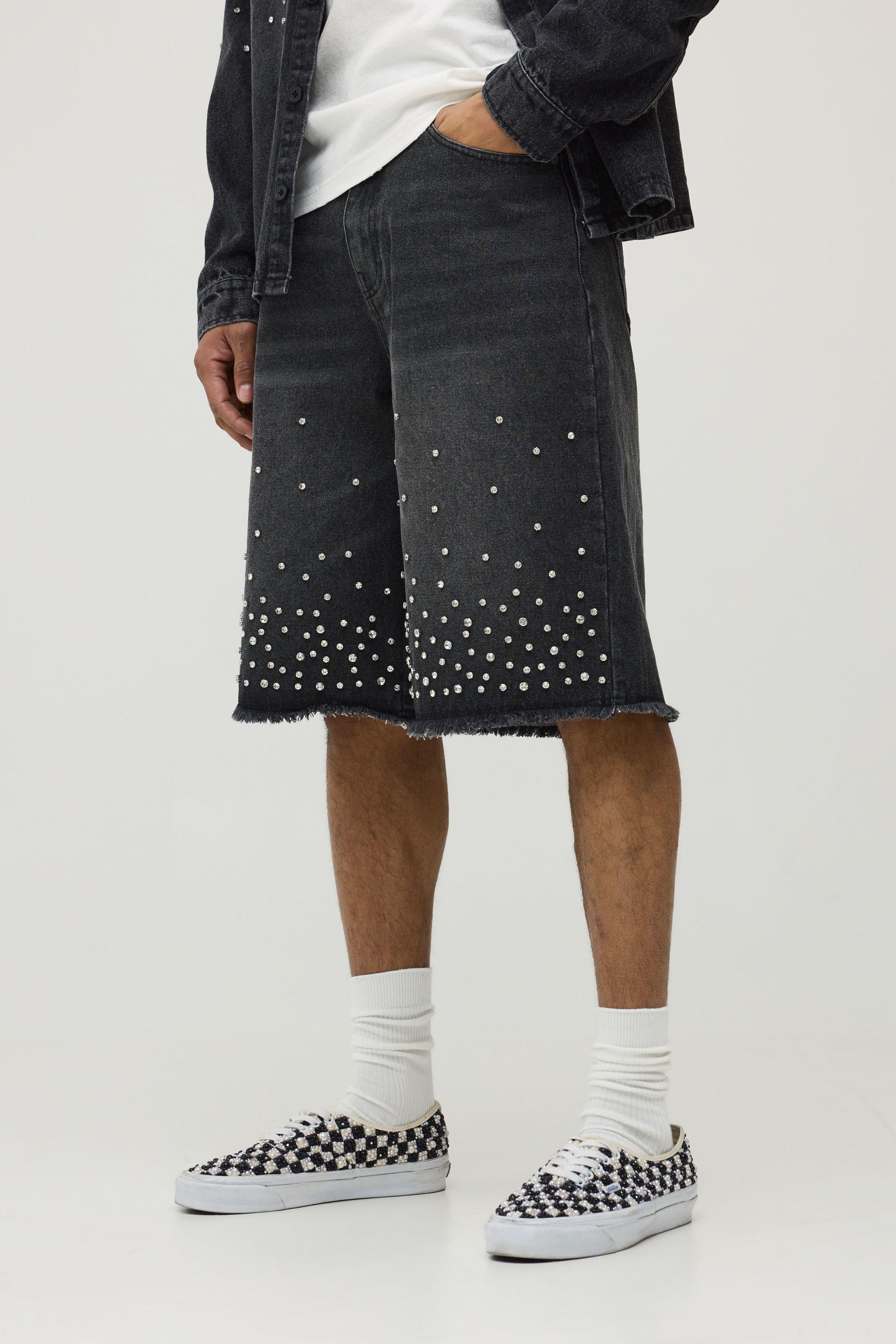 Jewel Embellished Raw Hem Longline Denim Jorts by BOOHOOMAN
