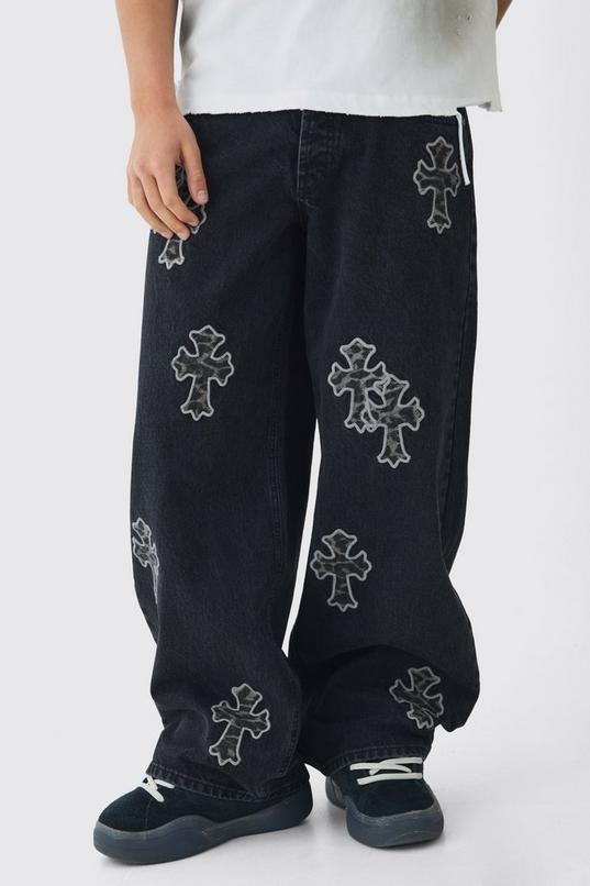 Leopard Cross Applique Baggy Jeans by BOOHOOMAN