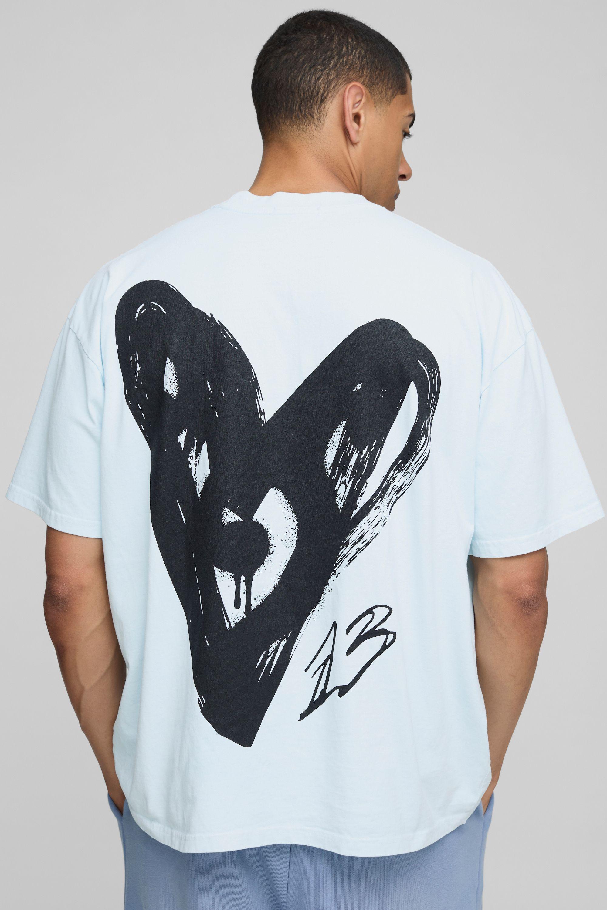 Light Blue Oversized Extended Neck Graffiti Heart Washed Printed T-Shirt by BOOHOOMAN Light Blue Oversized Extended Neck Graffiti Heart Washed Printed T-Shirt by BOOHOOMAN