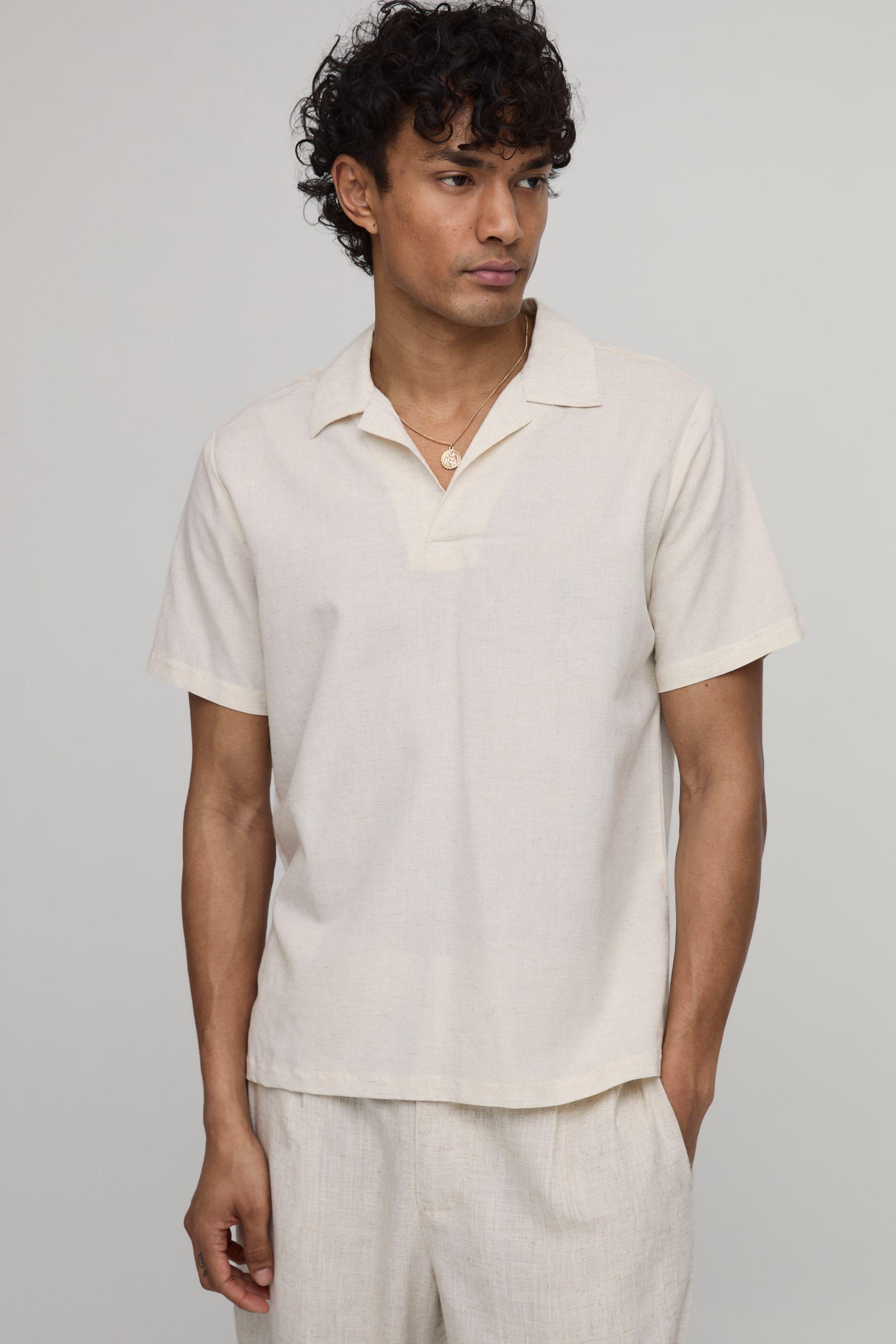 Linen Blend Slim Revere Polo by BOOHOOMAN