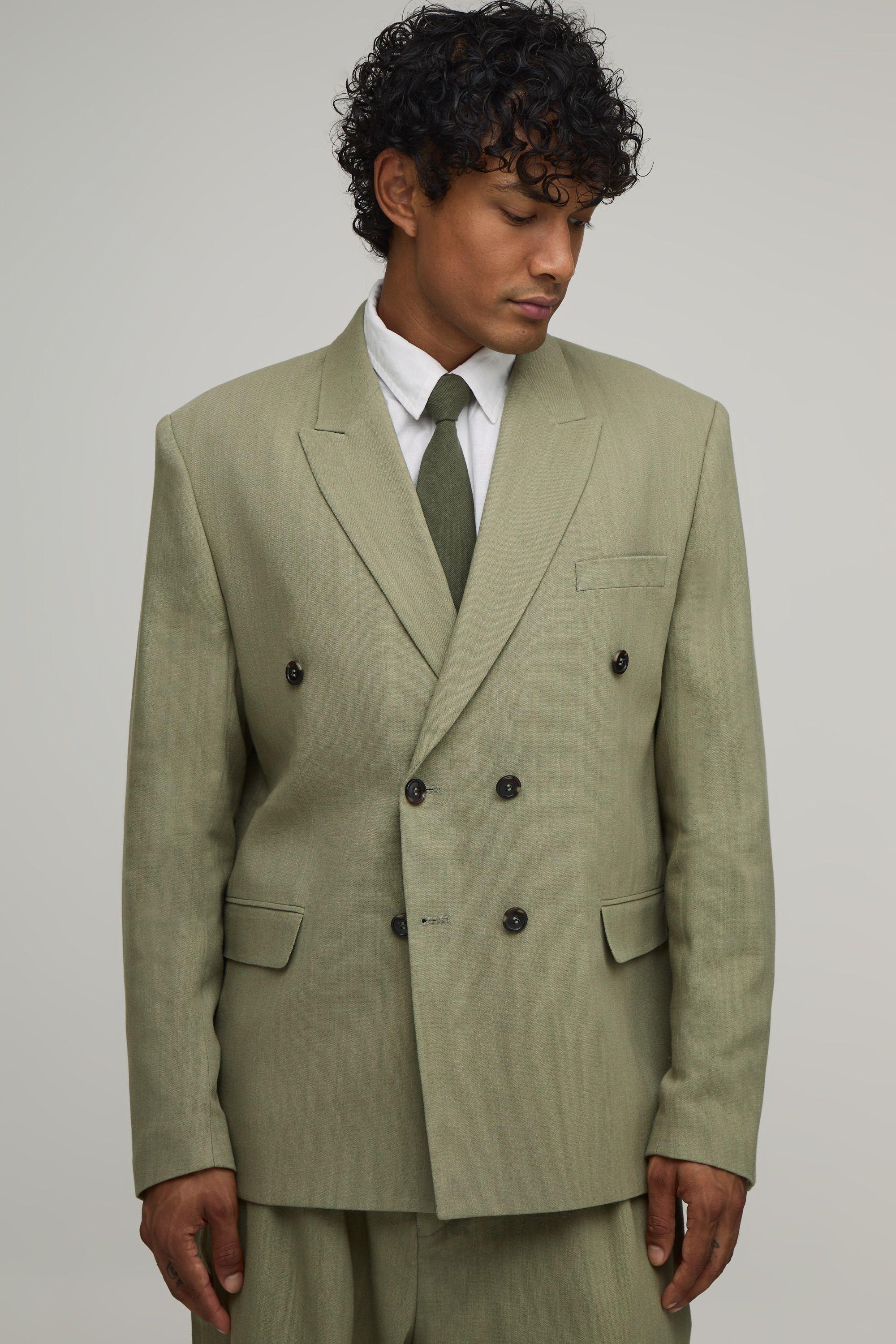 Linen Look Oversized Double Breasted Blazer by BOOHOOMAN