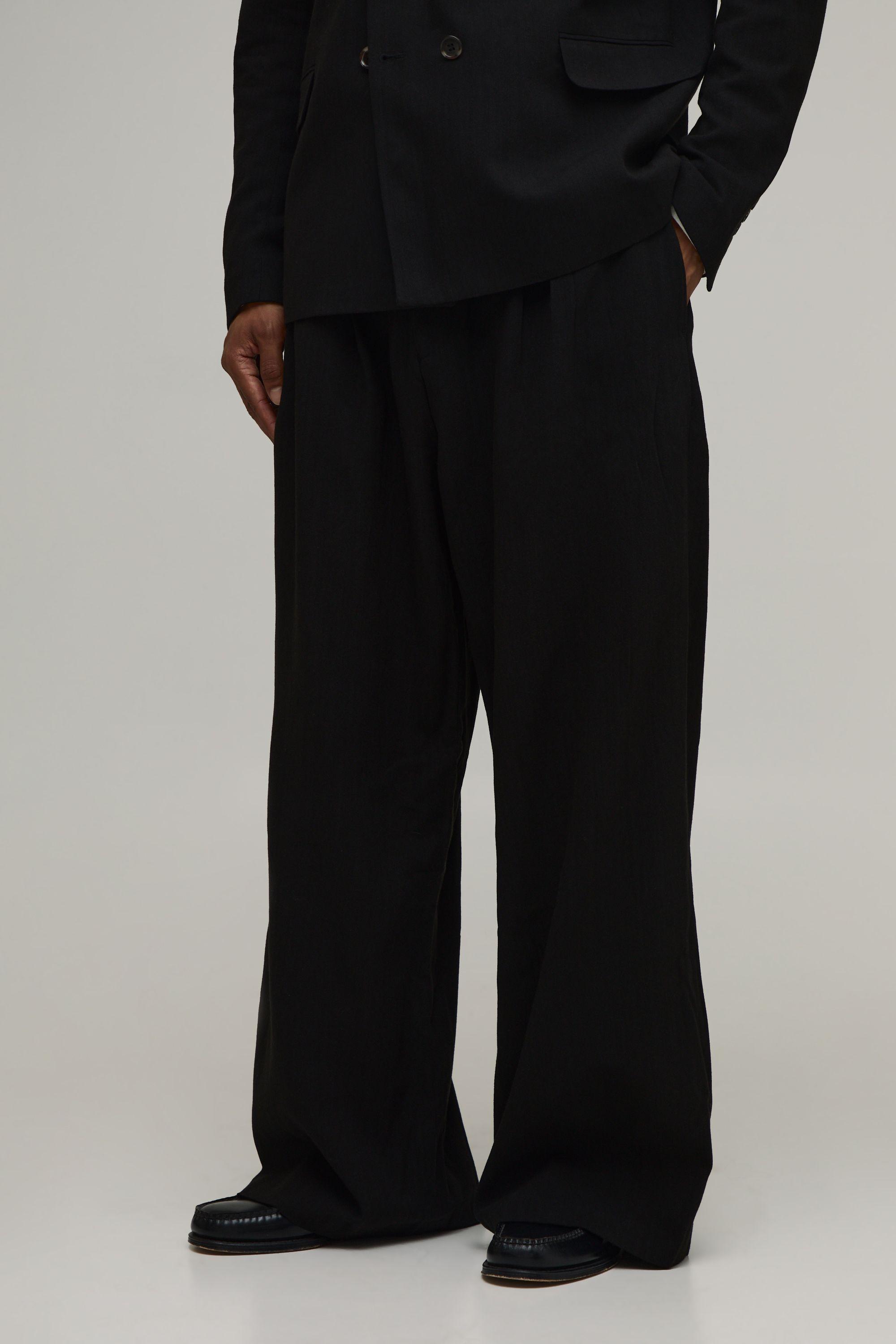 Linen Look Wide Leg Pleat Front Tailored Trousers by BOOHOOMAN