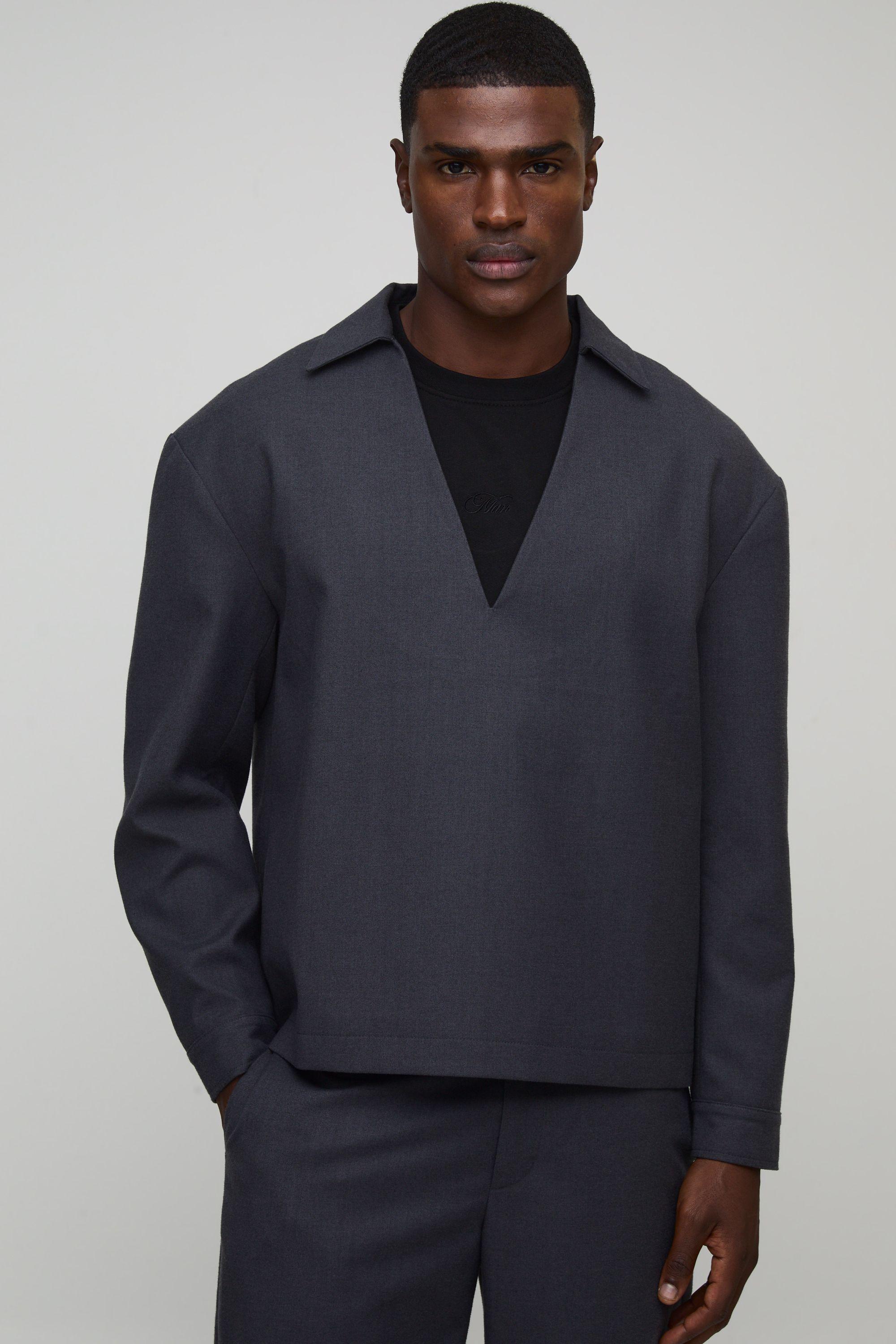 Long Sleeve Deep V Over The Head Shirt by BOOHOOMAN