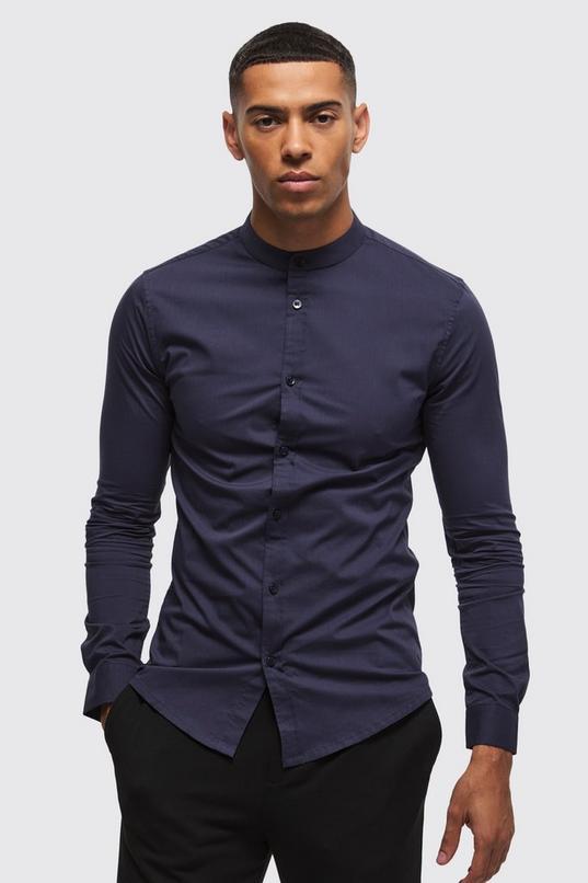 Long Sleeve Grandad Collar Stretch Shirt by BOOHOOMAN