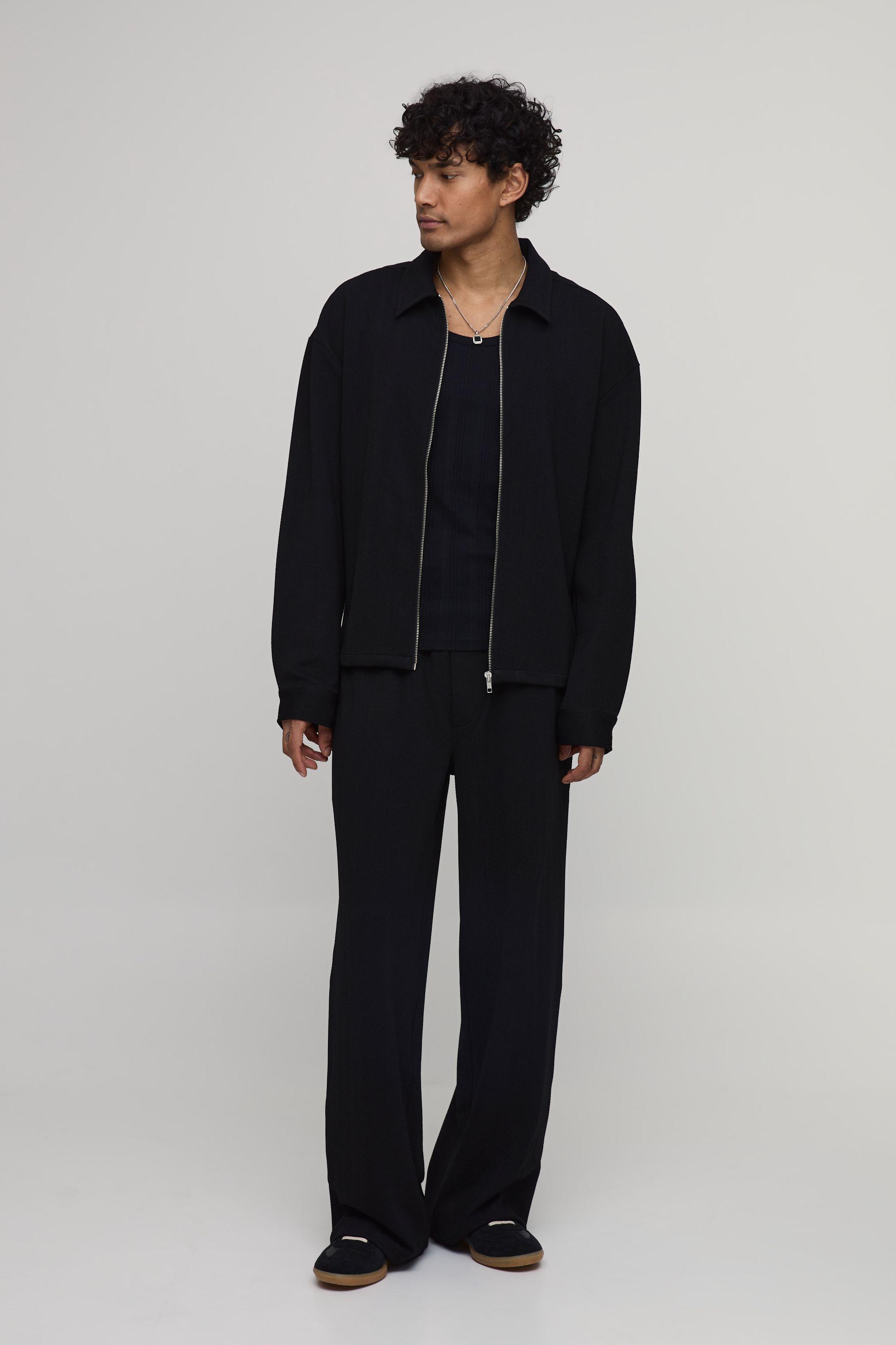 Long Sleeve Jersey Herringbone Harrington & Trouser Set by BOOHOOMAN