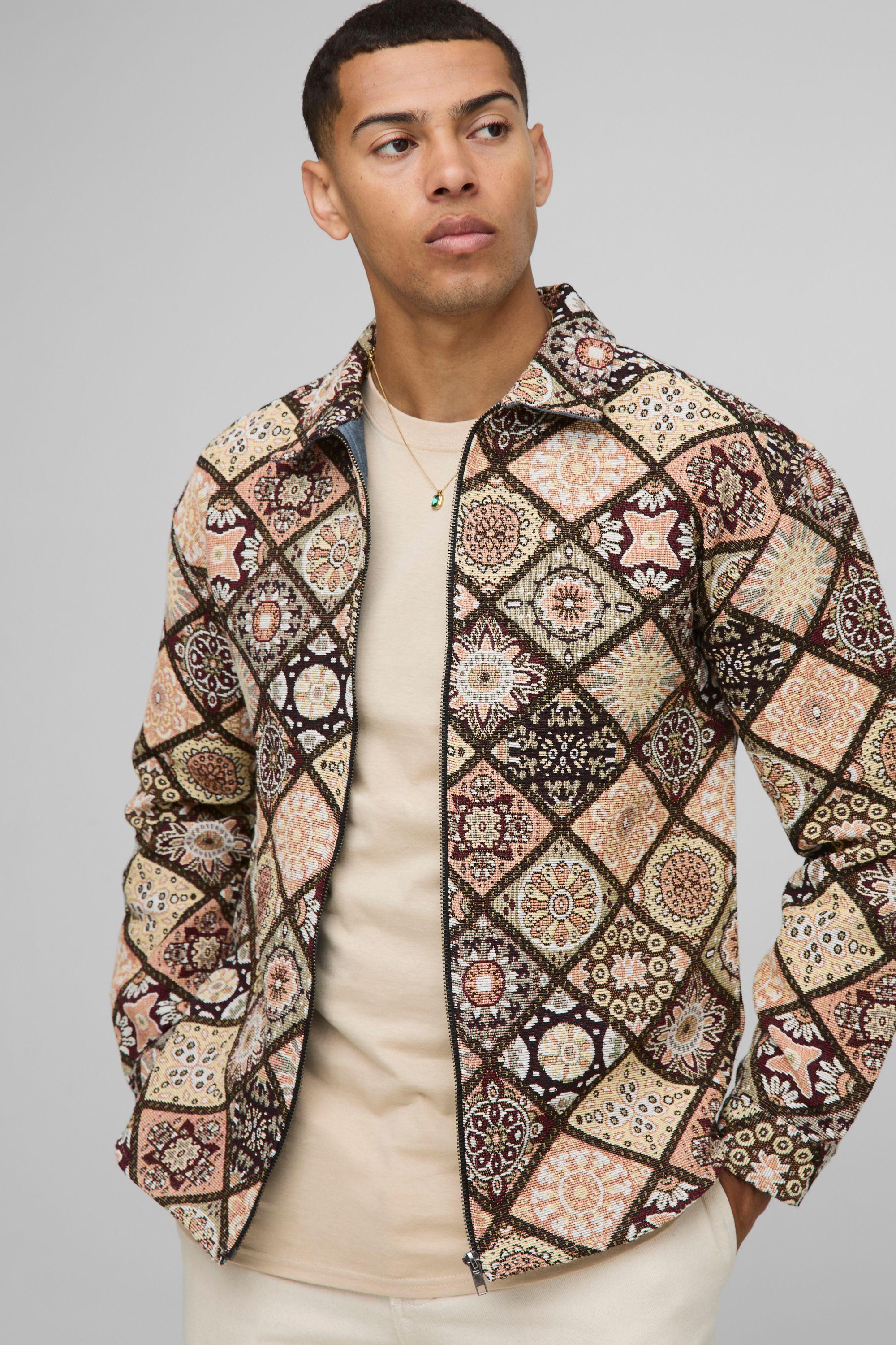 Long Sleeve Zip Through Diamond Tapestry Overshirt by BOOHOOMAN