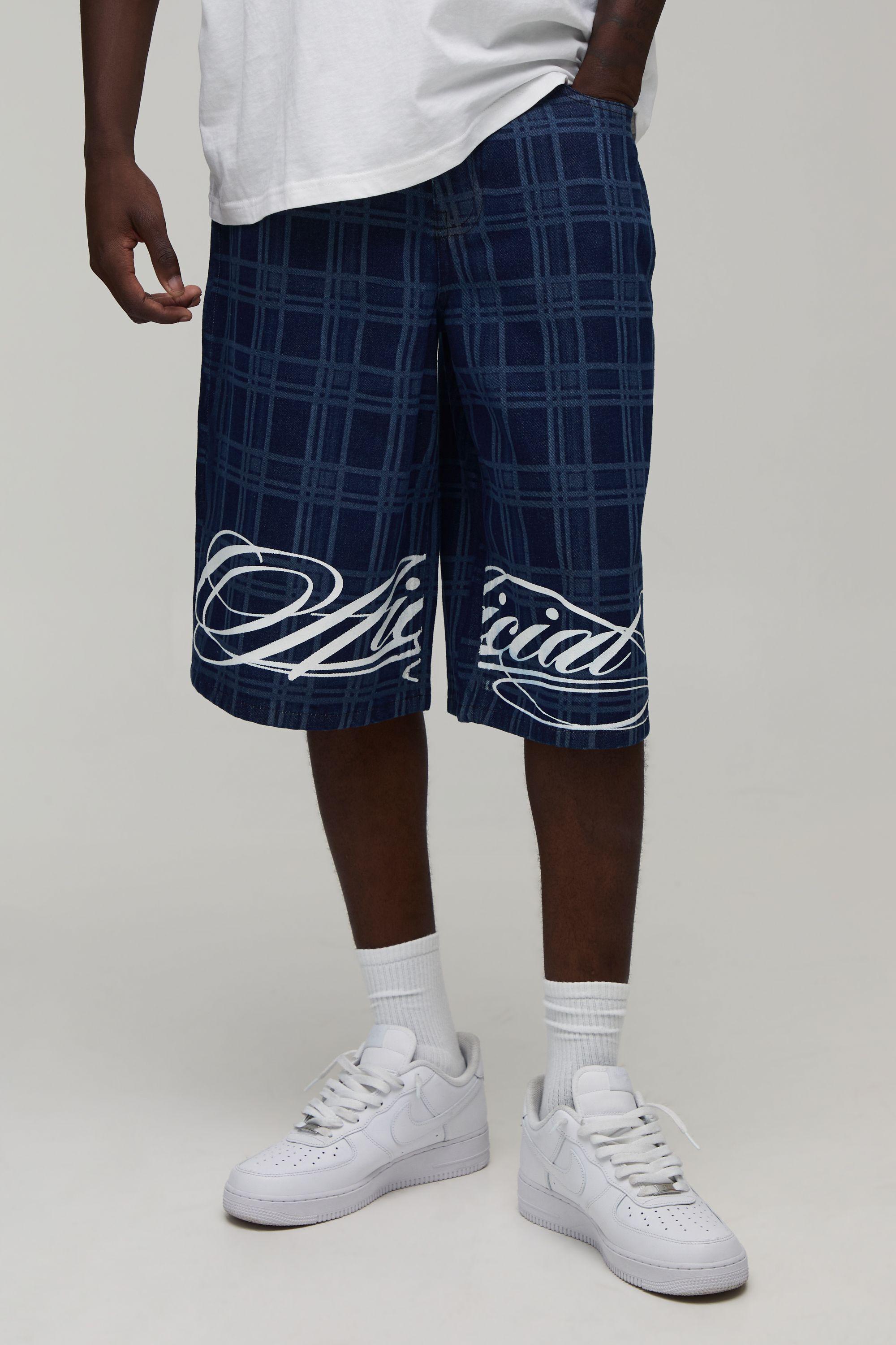 Longline Check Printed Denim Jorts by BOOHOOMAN