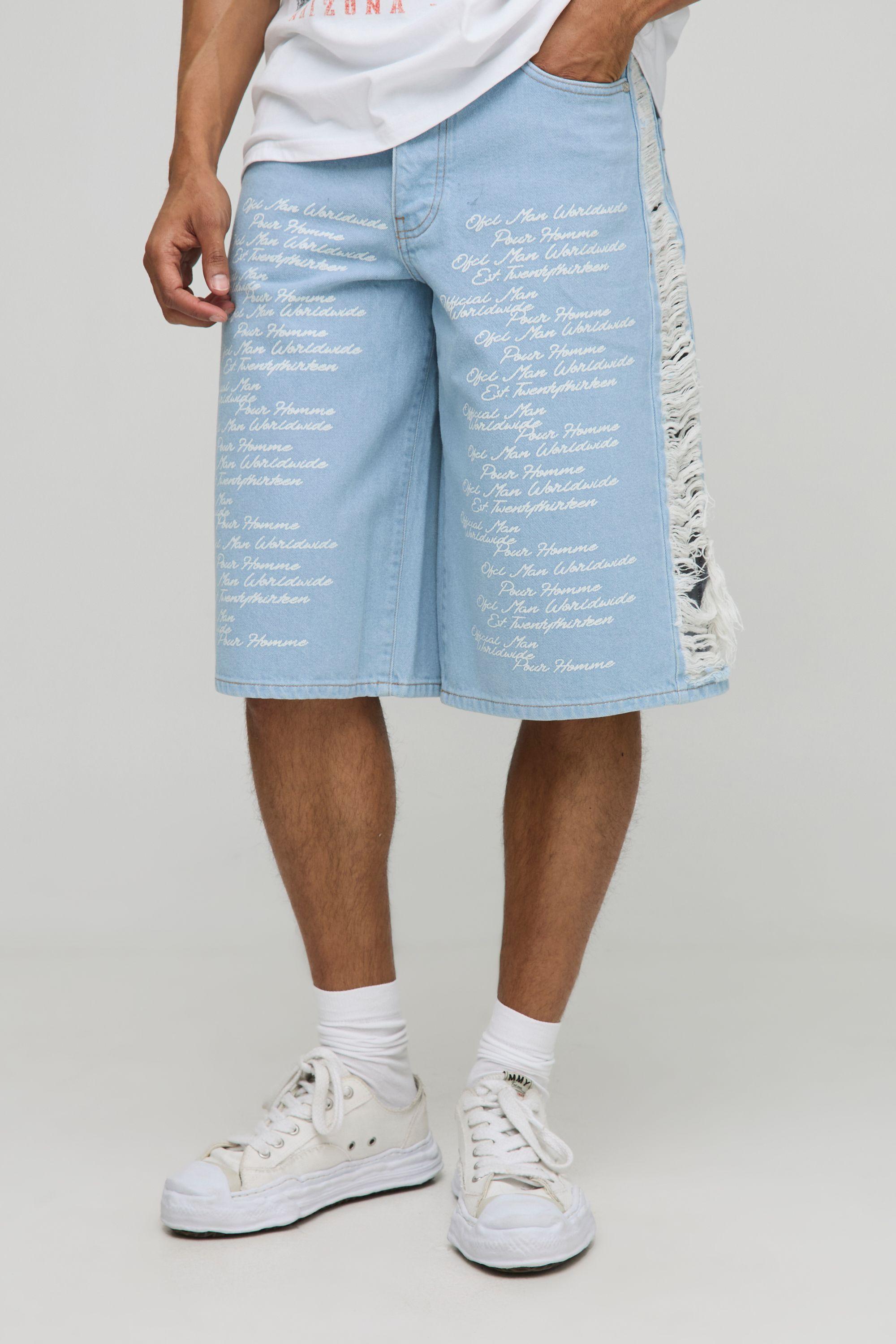 Longline Printed Distressed Gusset Denim Jorts by BOOHOOMAN