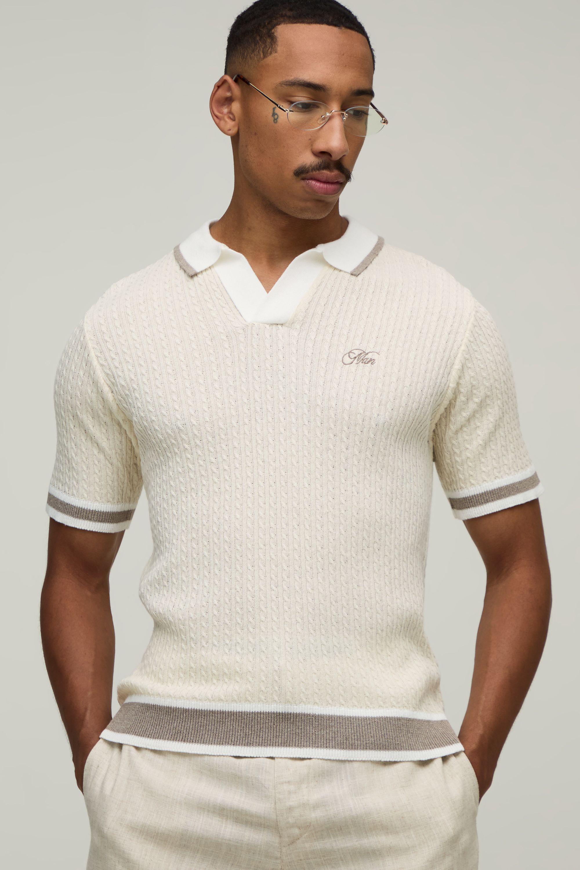 MAN Boxy Cable Embroidered Knitted Polo by BOOHOOMAN