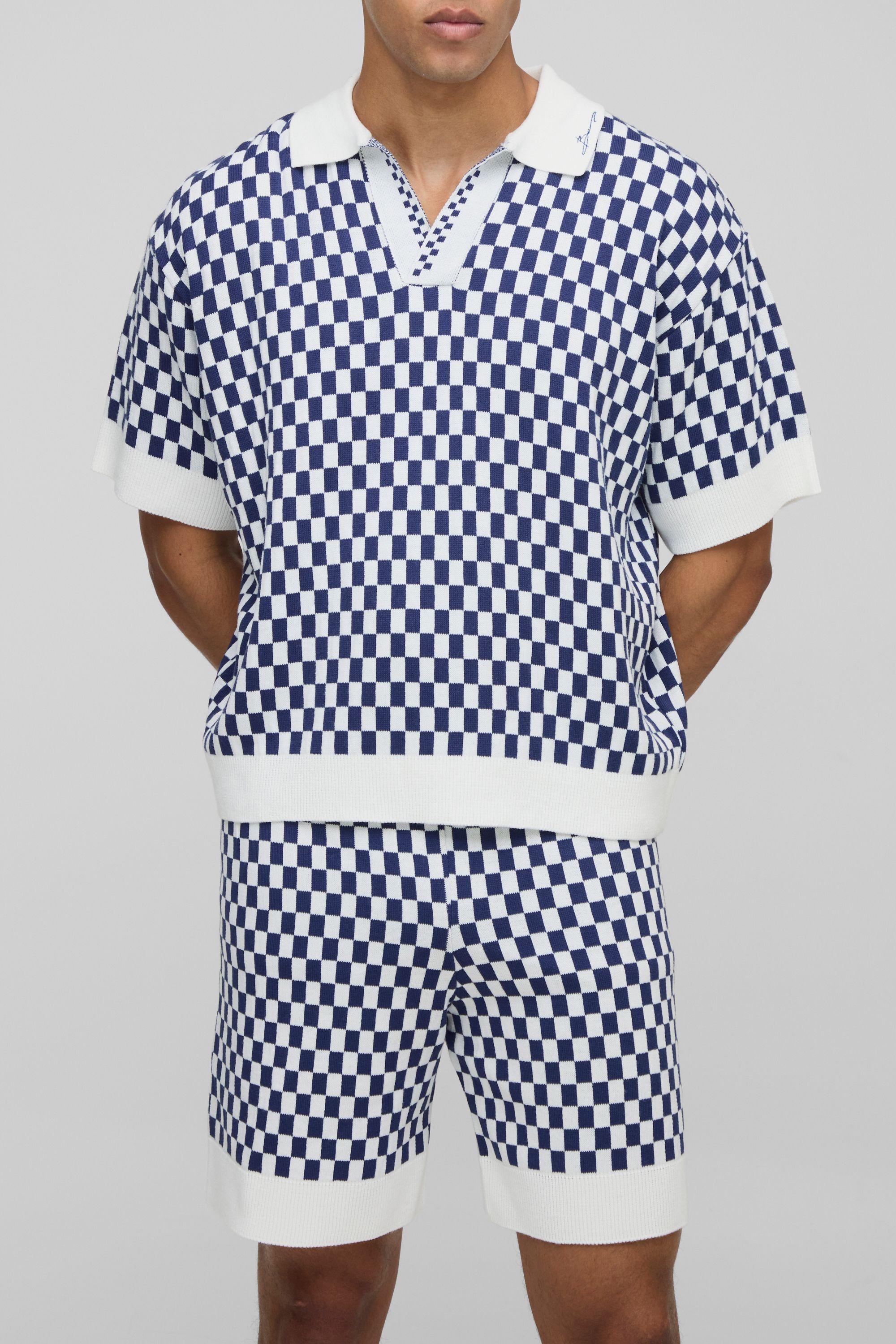 MAN Oversized Boxy Jacquard Checkboard Knitted Polo & Relaxed Short Set by BOOHOOMAN