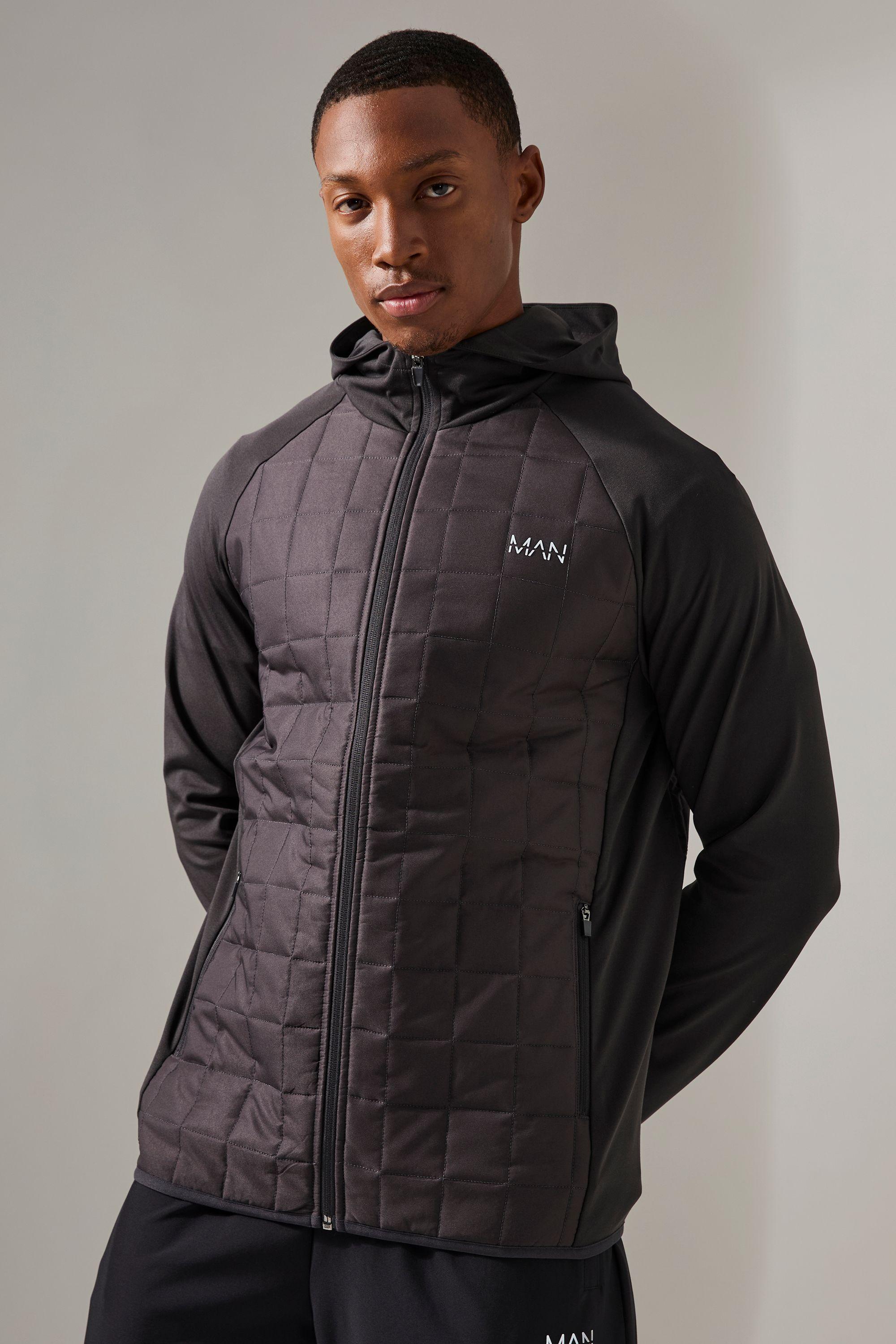 Man Active Check Quilted Zip Through Hoodie by BOOHOOMAN
