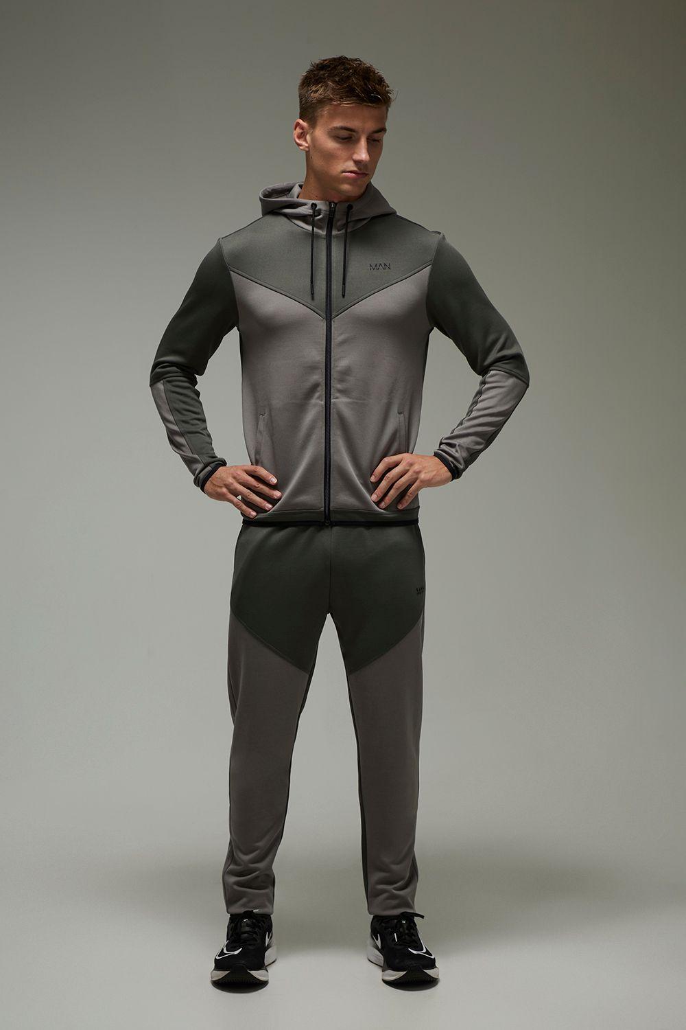 Man Active Colour Block Funnel Hooded Regular Fit Tracksuit by BOOHOOMAN