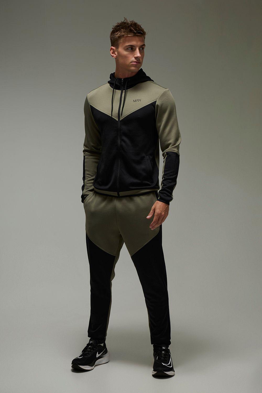 Man Active Colour Block Funnel Hooded Regular Fit Tracksuit by BOOHOOMAN