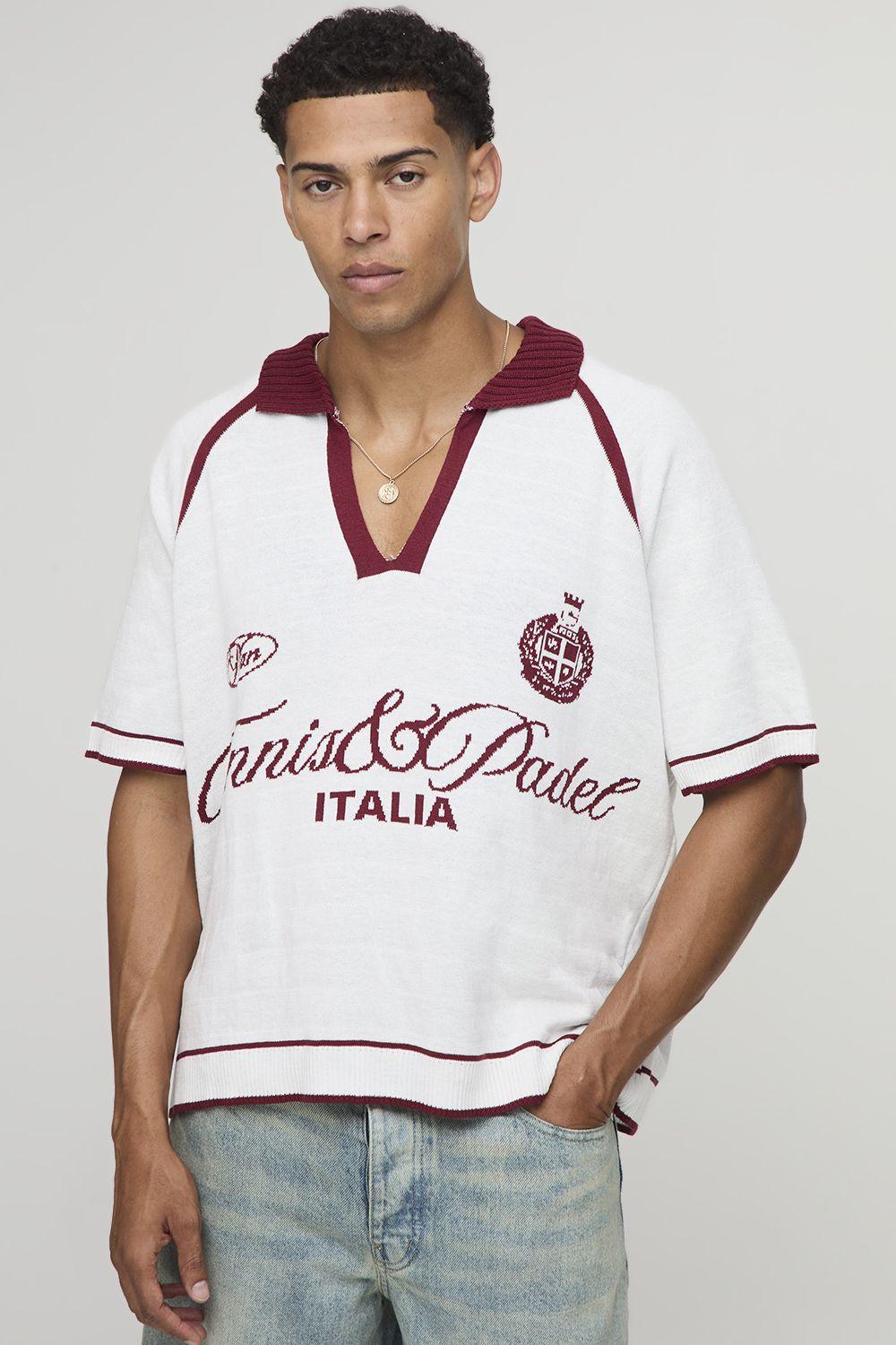 Man Boxy V Neck Raglan Italia Varsity Knitted Polo by BOOHOOMAN