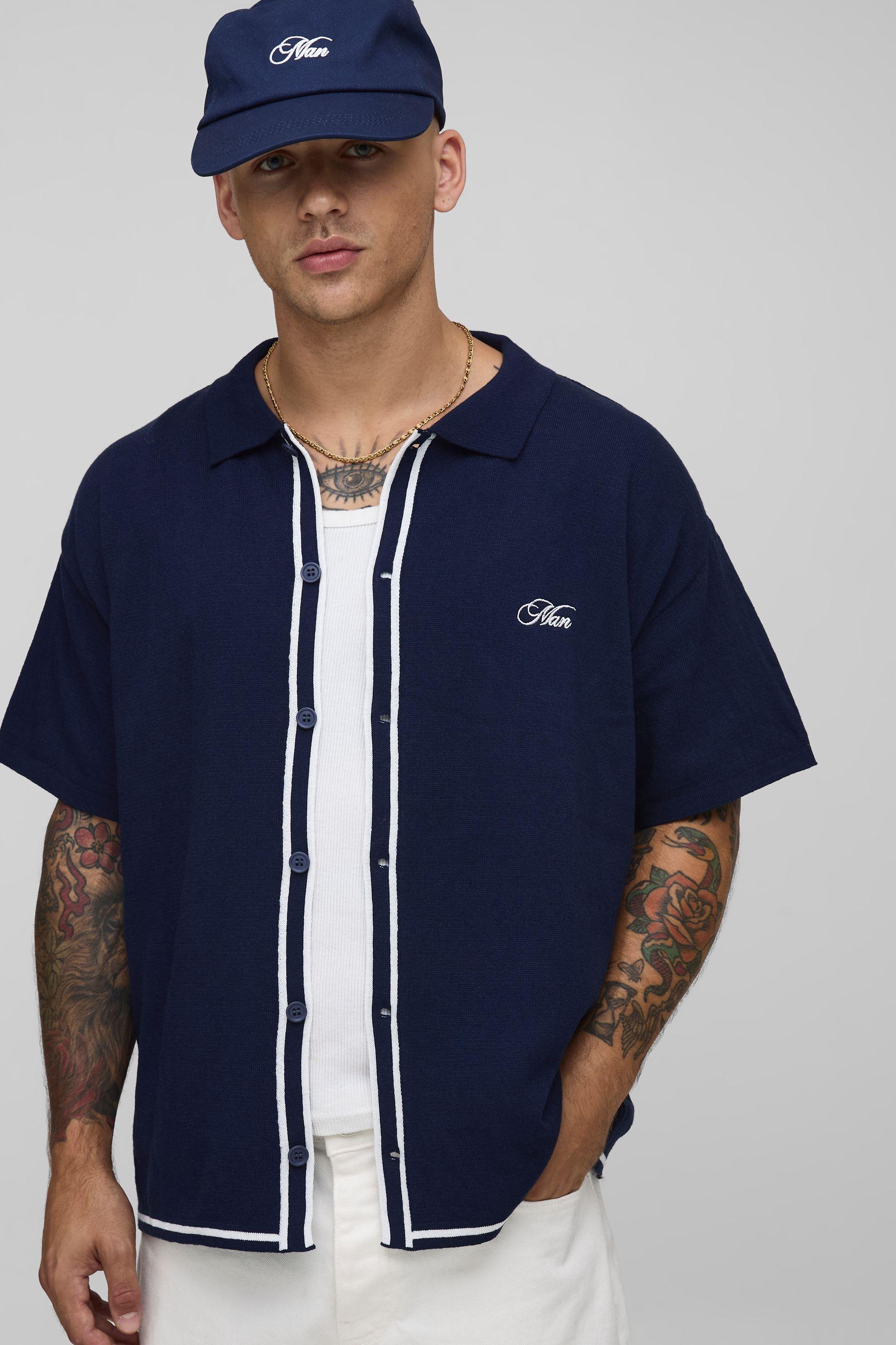 Man Embroided Boxy Fit Border Knitted Shirt by BOOHOOMAN