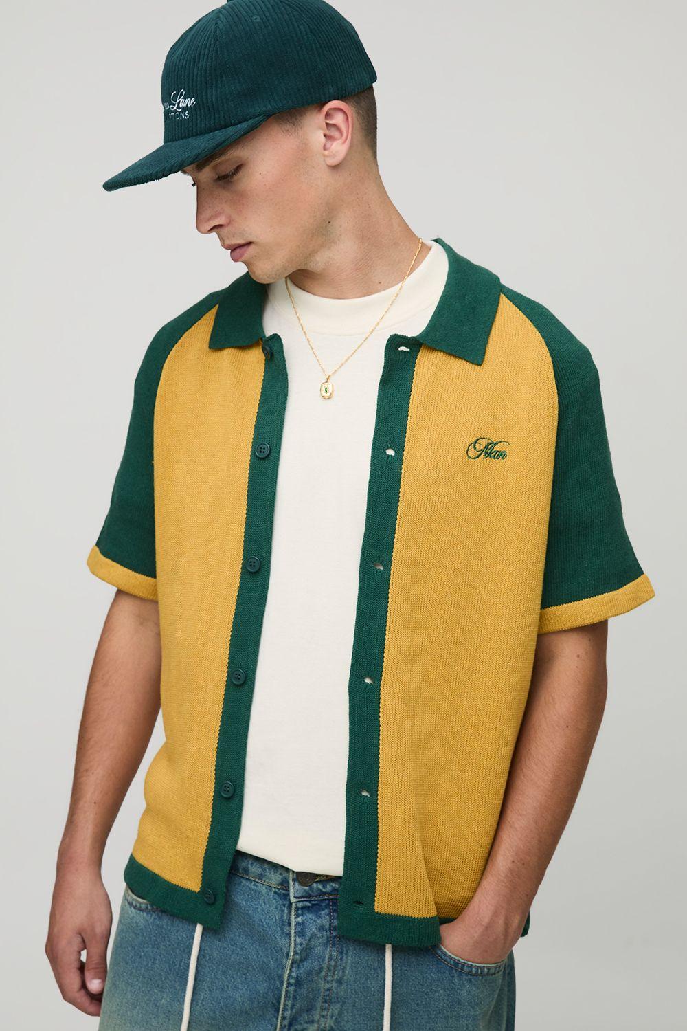 Man Embroidered Boxy Fit Raglan Colour Block Knitted Shirt by BOOHOOMAN
