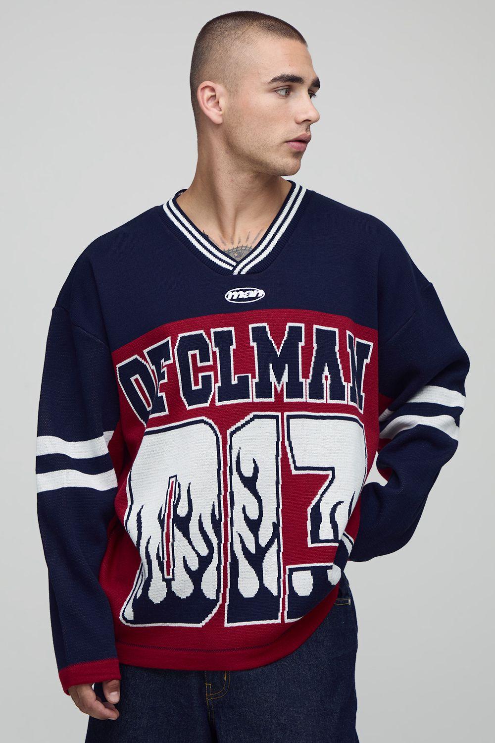 Man Flame Varsity Jacquard Knitted Hockey Sports Top by BOOHOOMAN