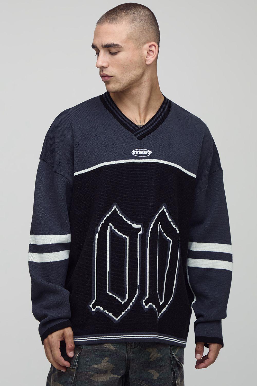 Man Gothic Varsity Jacquard Knitted Hockey Sports Top by BOOHOOMAN