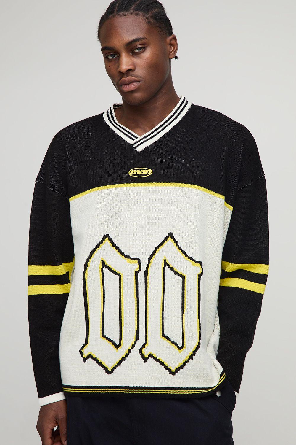 Man Gothic Varsity Jacquard Knitted Hockey Sports Top by BOOHOOMAN