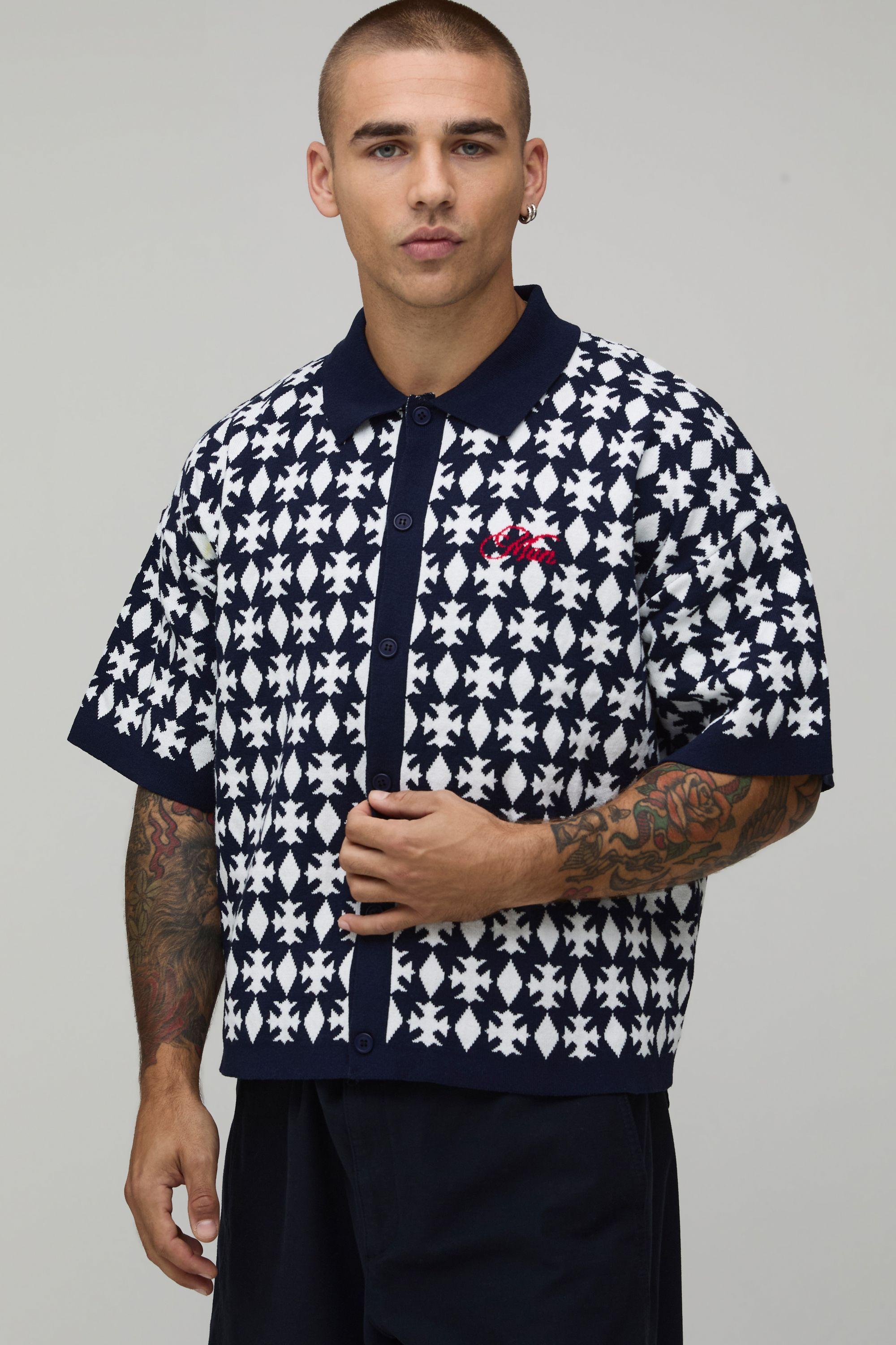 Man Relaxed Boxy Fit Jacquard Patch Knitted Shirt by BOOHOOMAN