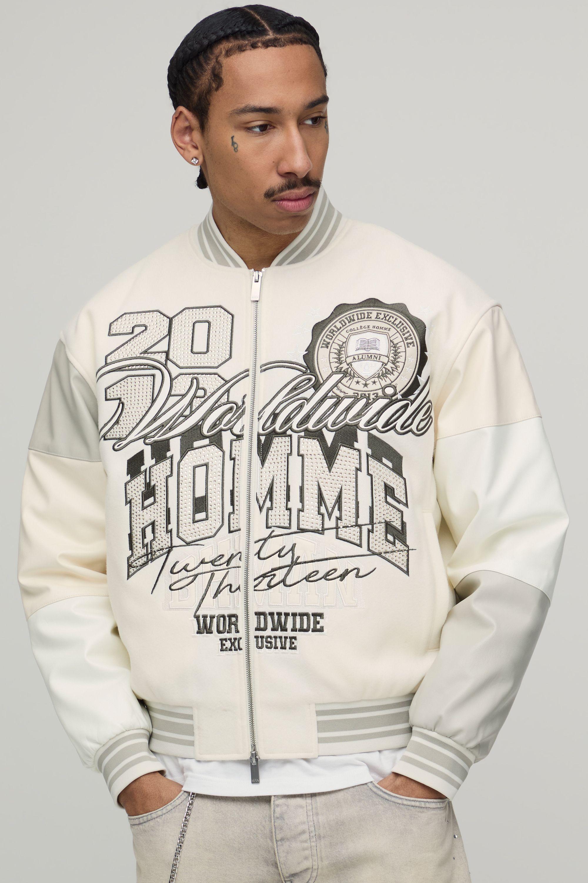 Melton & PU Mixed Fabric Embellished Varsity Jacket by BOOHOOMAN