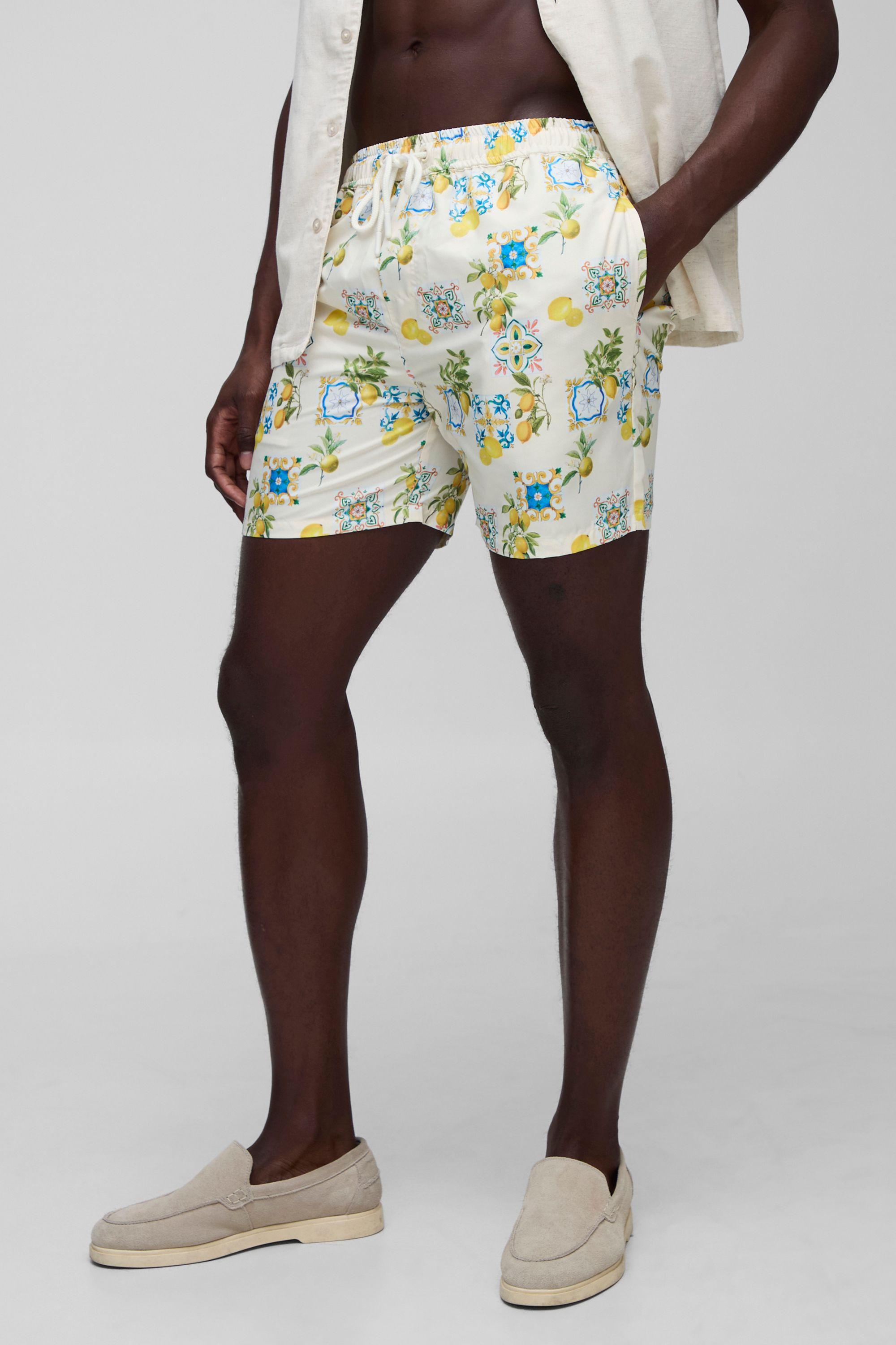 Mid Length Santorini Lemon Printed Swim Shorts by BOOHOOMAN