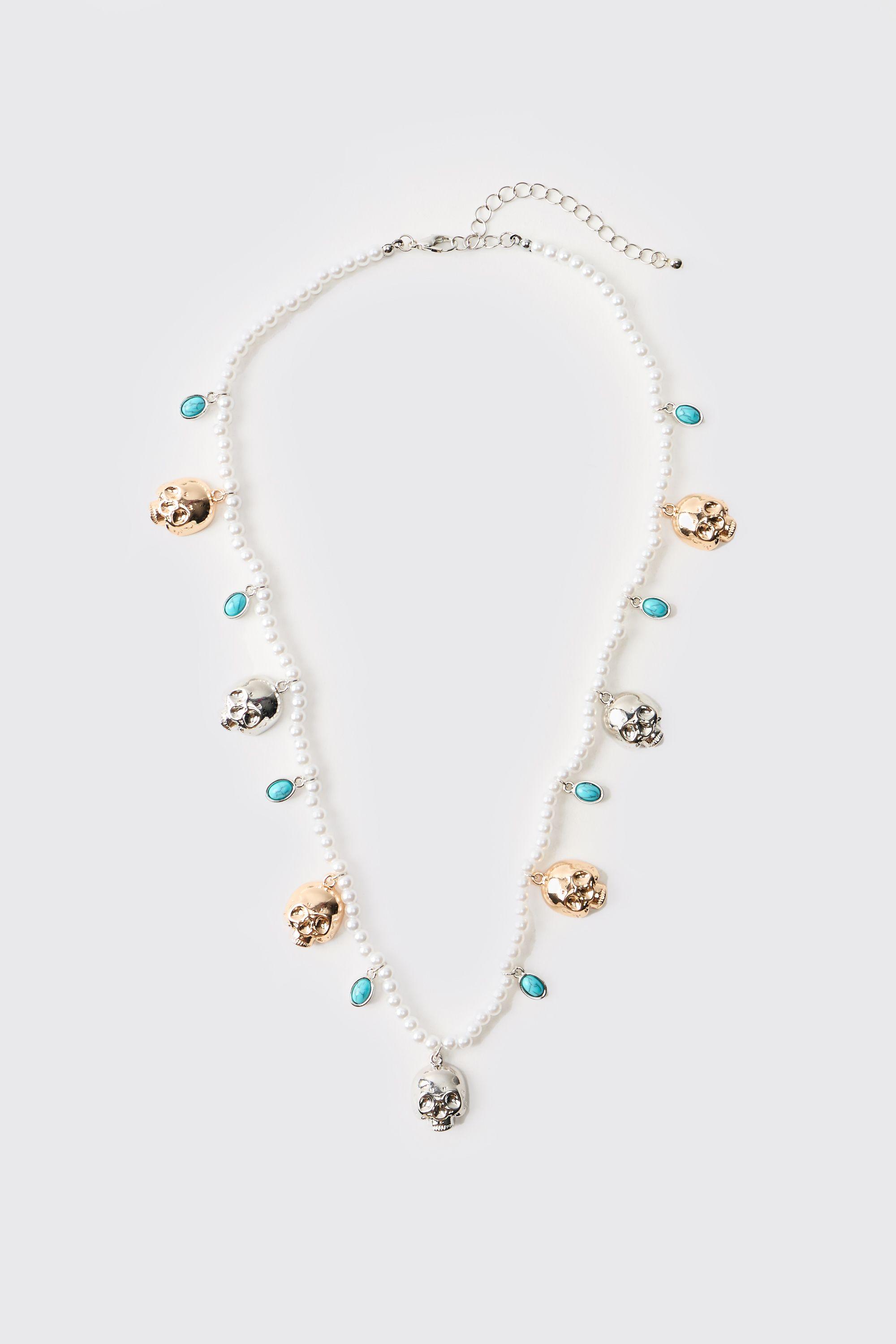 Mock Pearl Necklace with Skull Charm by BOOHOOMAN