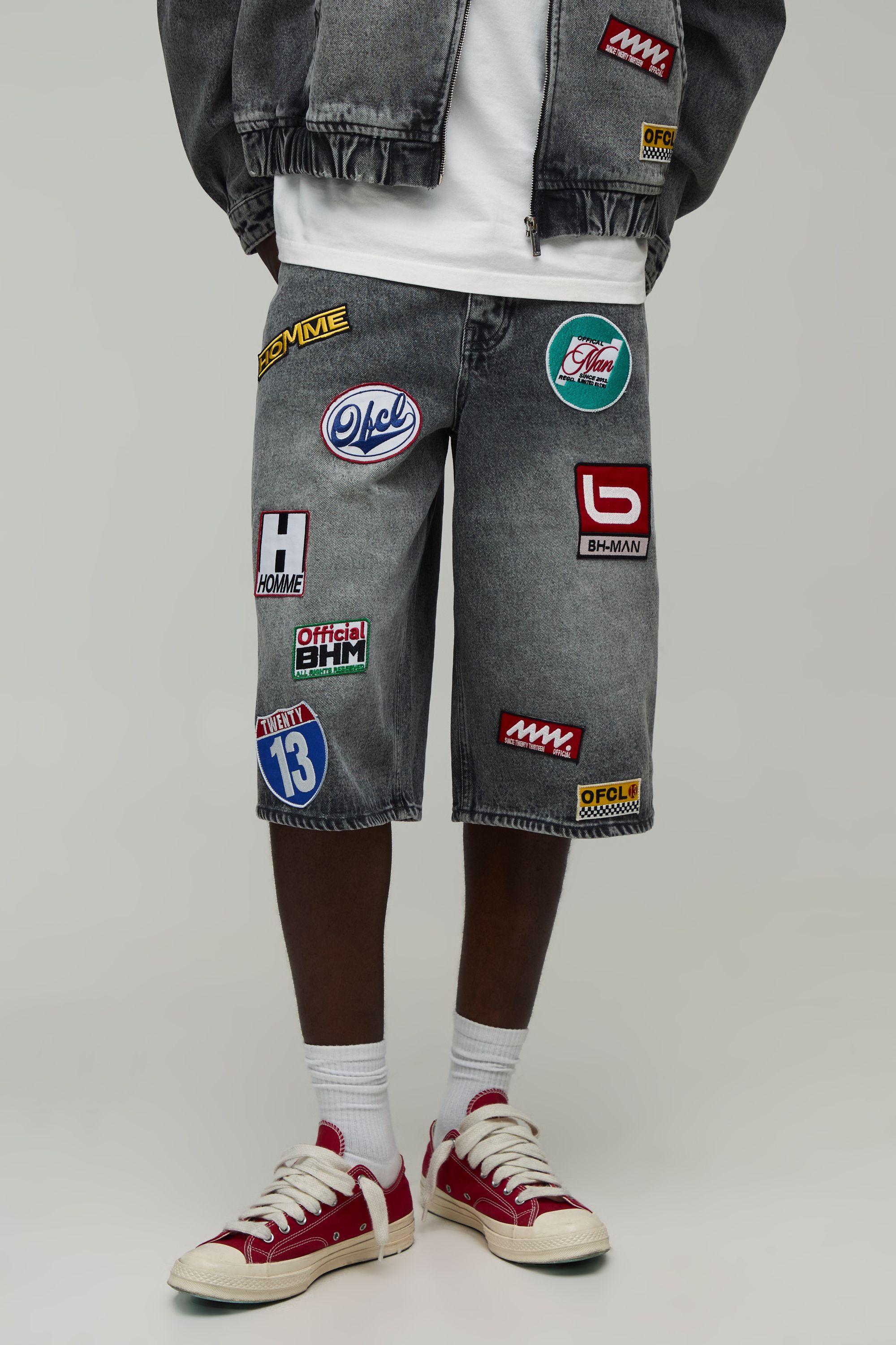 Moto Badge Longline Denim Jorts by BOOHOOMAN