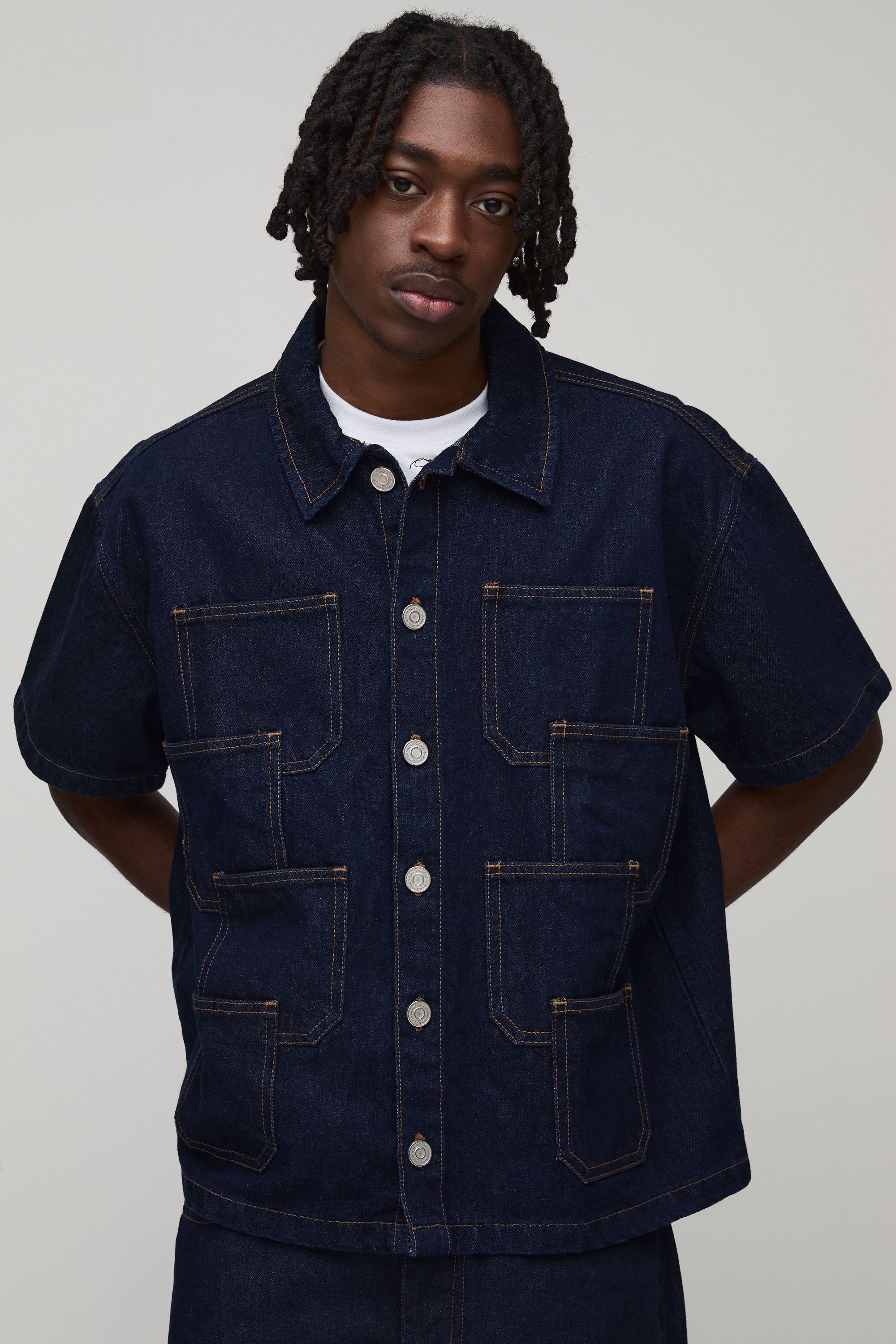 Multi Pocket Boxy Oversized Denim Shirt by BOOHOOMAN