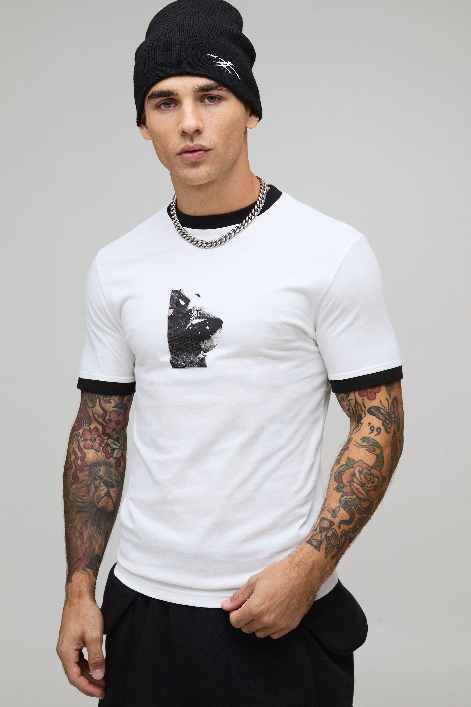 Muscle Boxy Fit Lips Printed Ringer T-Shirt by BOOHOOMAN