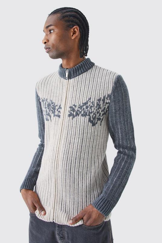 Muscle Fit 2 Tone Rib Funnel Neck Jumper by BOOHOOMAN
