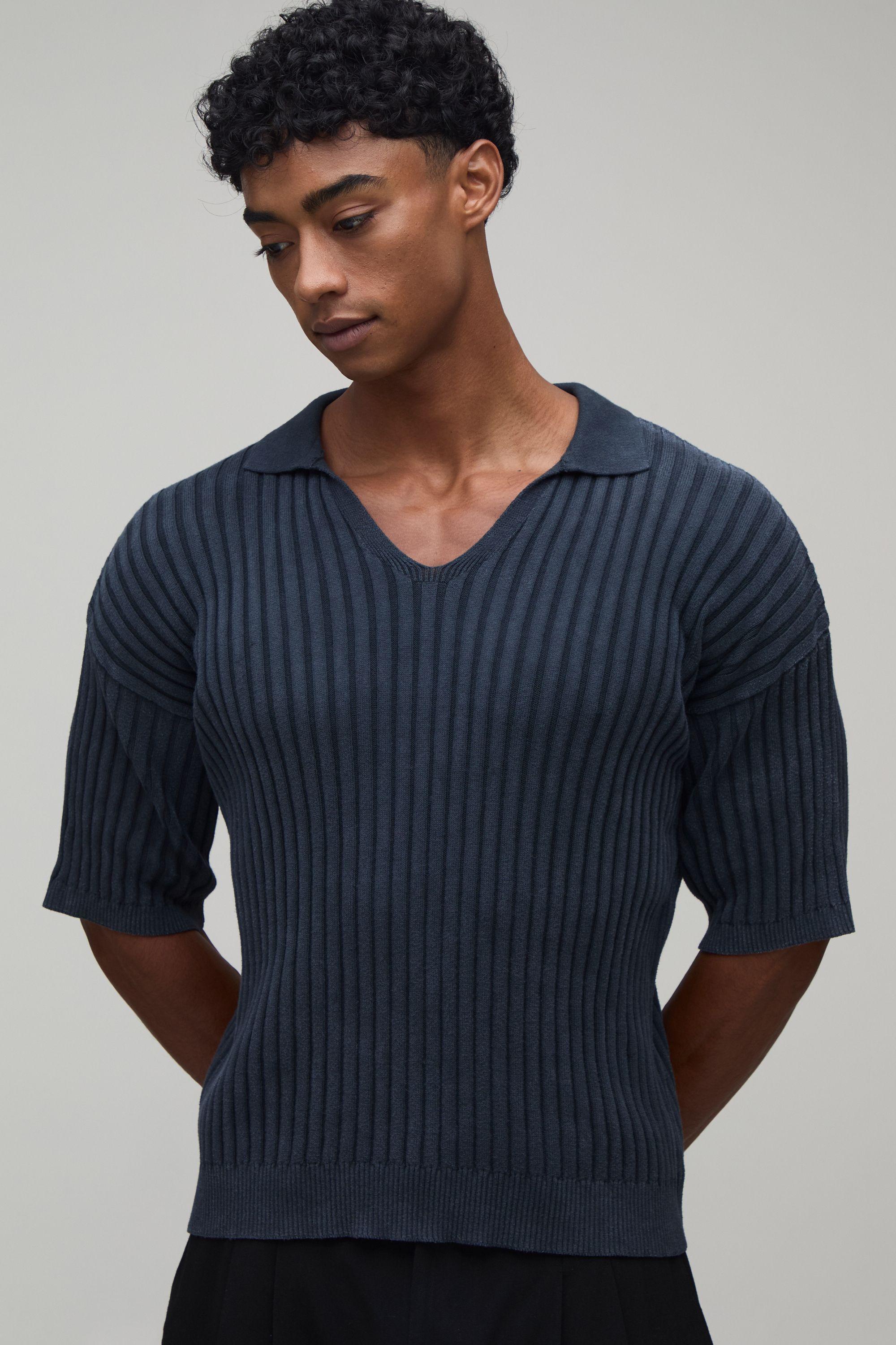 Muscle Fit Acid Wash Ribbed Knitted Polo by BOOHOOMAN