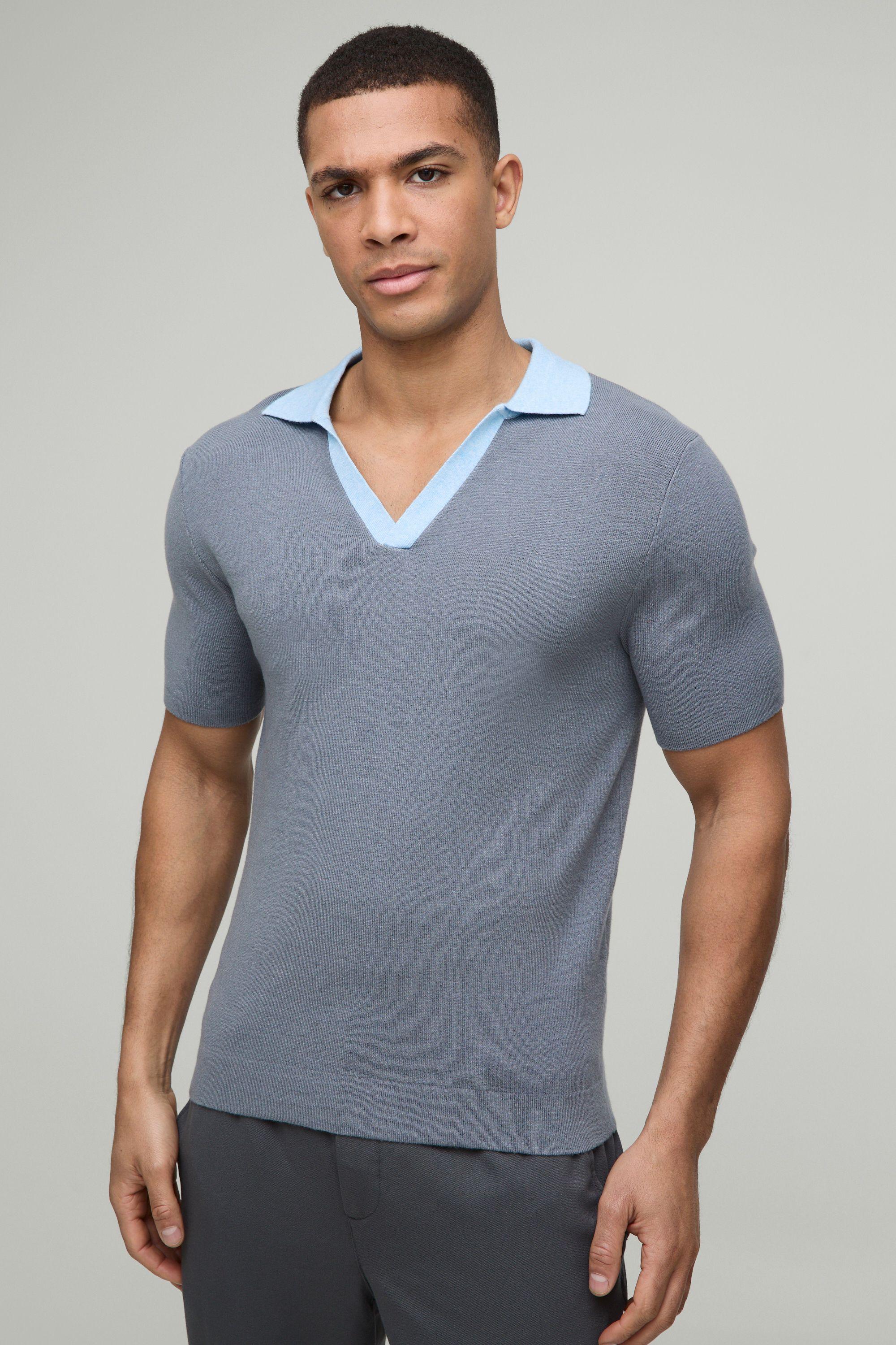 Muscle Fit Contrast Collar Knitted Polo by BOOHOOMAN