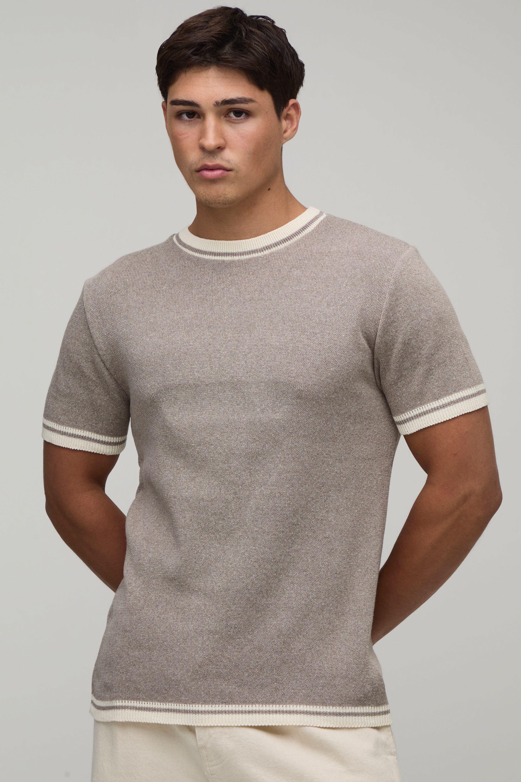 Muscle Fit Cotton Blend Tipped Knitted T-Shirt by BOOHOOMAN