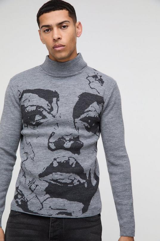 Muscle Fit Extended Neck Plated Face Graphic Knitted Jumper by BOOHOOMAN