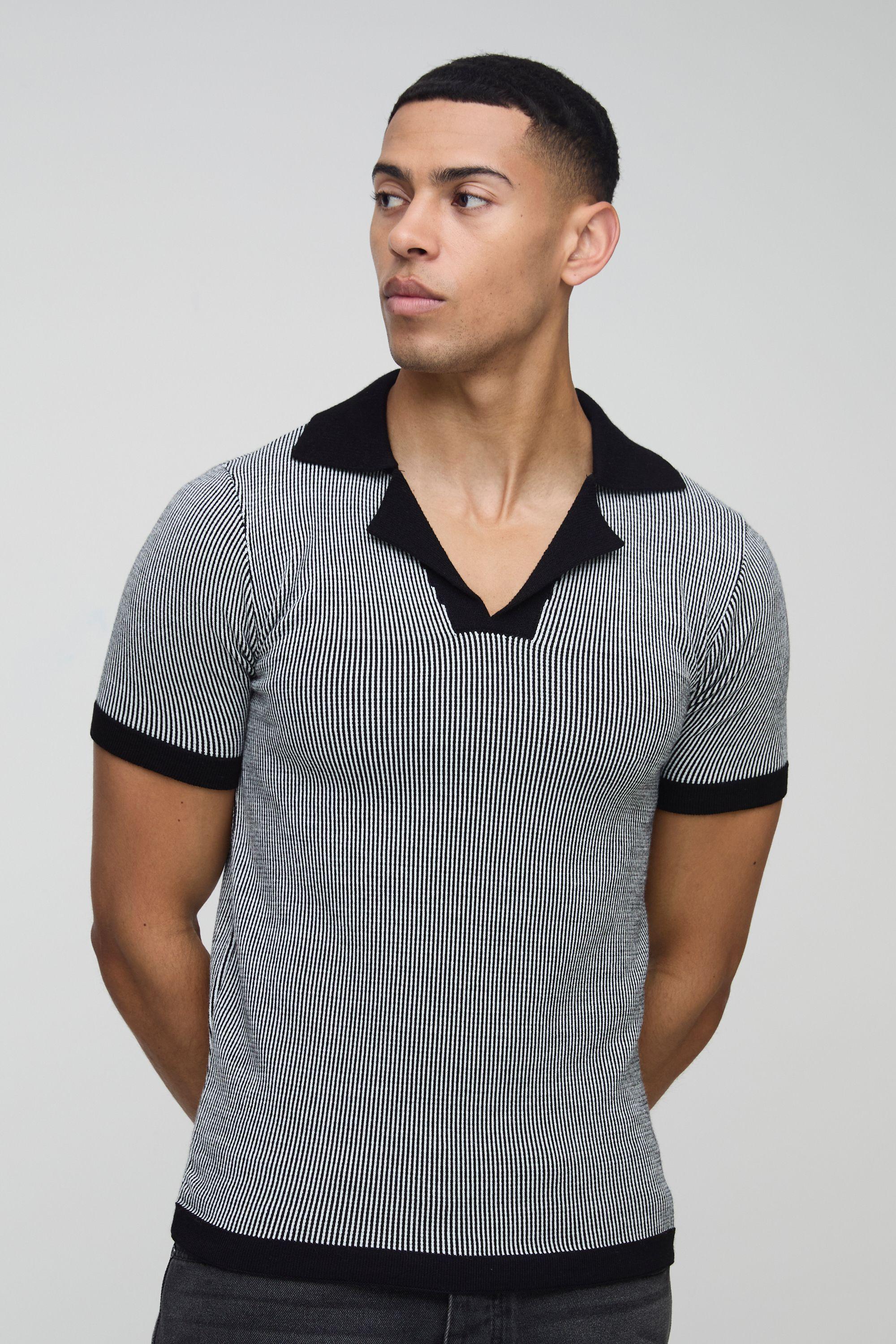Muscle Fit Revere Collar Ribbed Plated Knitted Polo by BOOHOOMAN