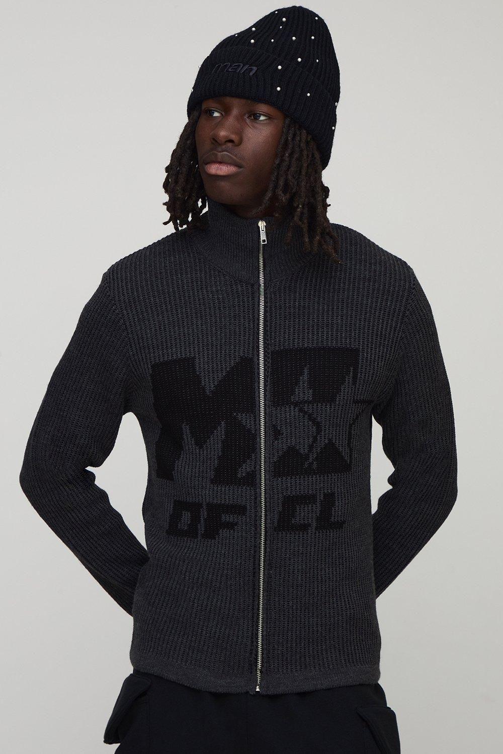 Muscle Fit Ribbed Knitted Zip Thru Jumper by BOOHOOMAN