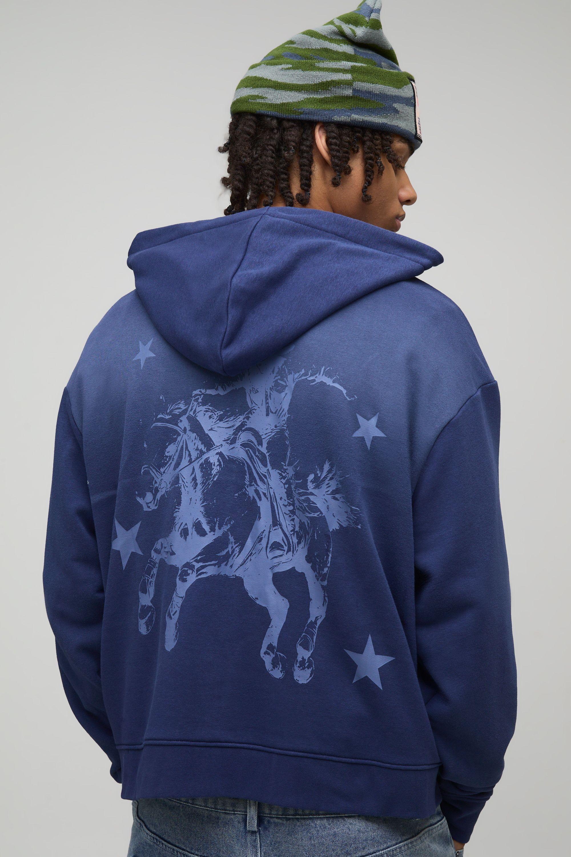 Navy Oversized Boxy Man Tonal Western Loopback Printed Hoodie by BOOHOOMAN