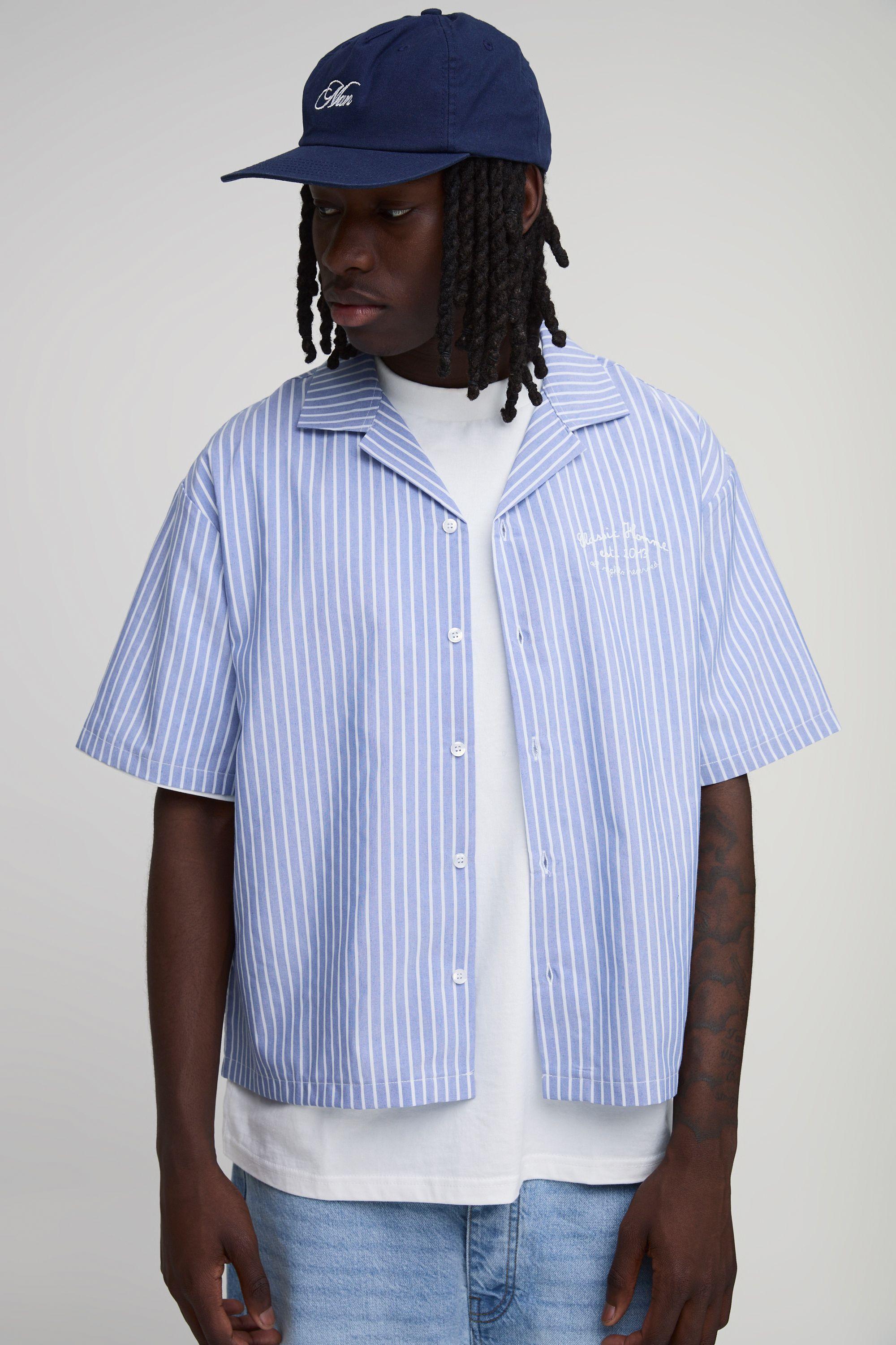 Navy Oversized Boxy Stripe Revere Collar Shirt by BOOHOOMAN