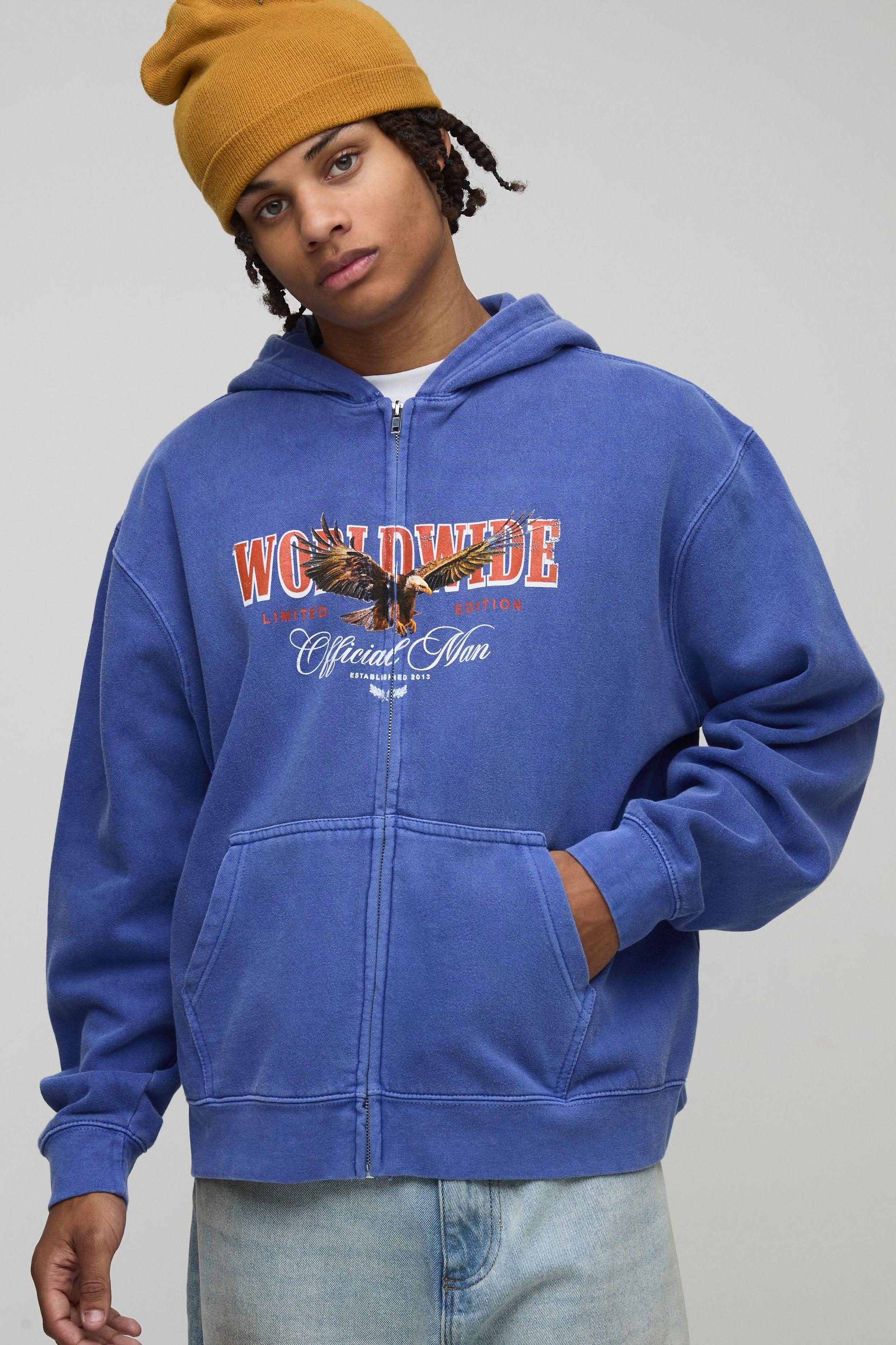 Navy Oversized Boxy Zip Through Eagle Washed Printed Hoodie by BOOHOOMAN Navy Oversized Boxy Zip Through Eagle Washed Printed Hoodie by BOOHOOMAN