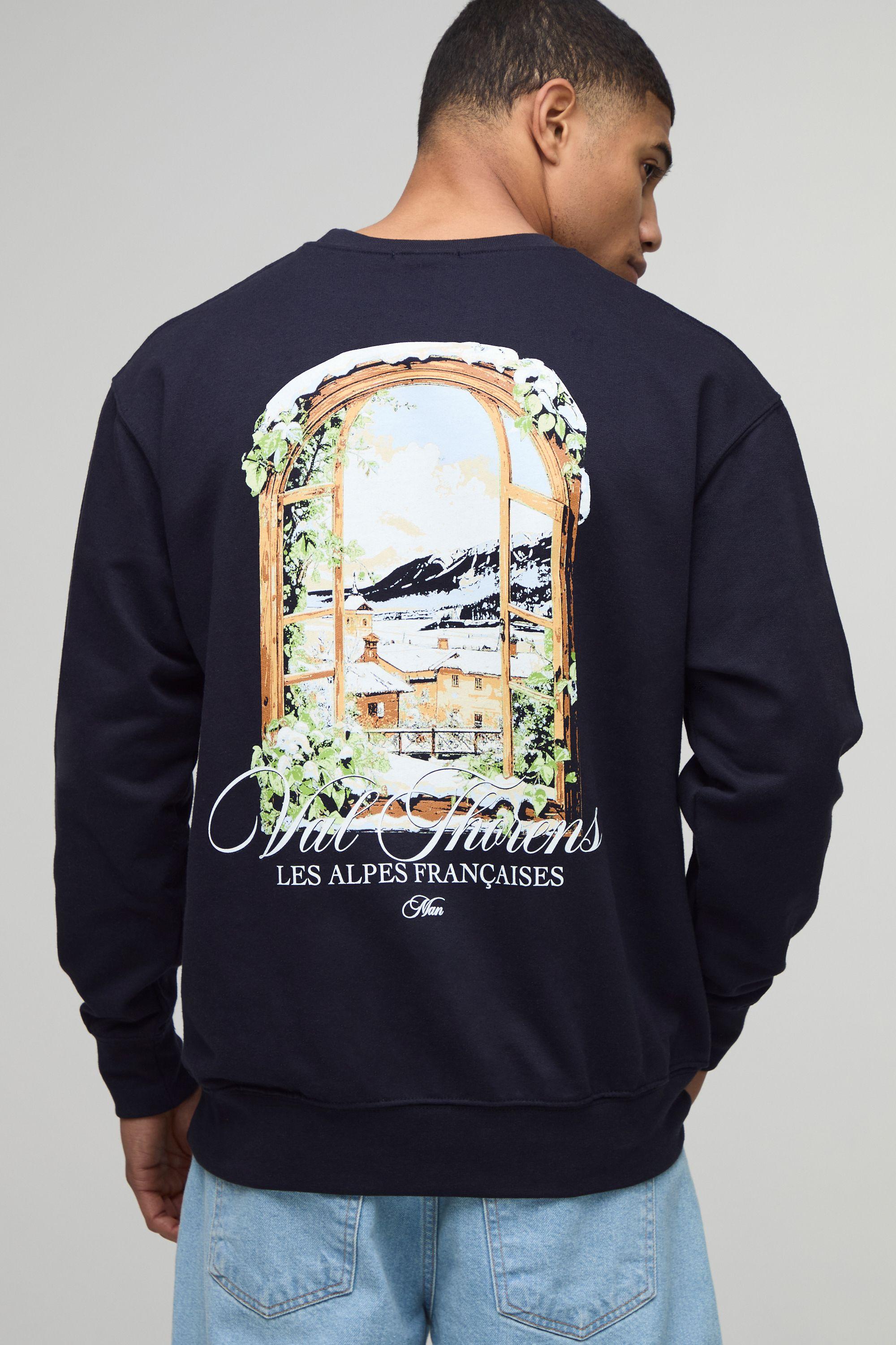 Navy Relaxed Fit Chalet Landscape Printed Sweatshirt by BOOHOOMAN
