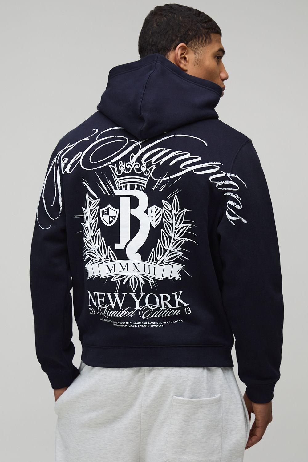 Navy Relaxed Fit The Hamptons Over Seam Printed Hoodie by BOOHOOMAN