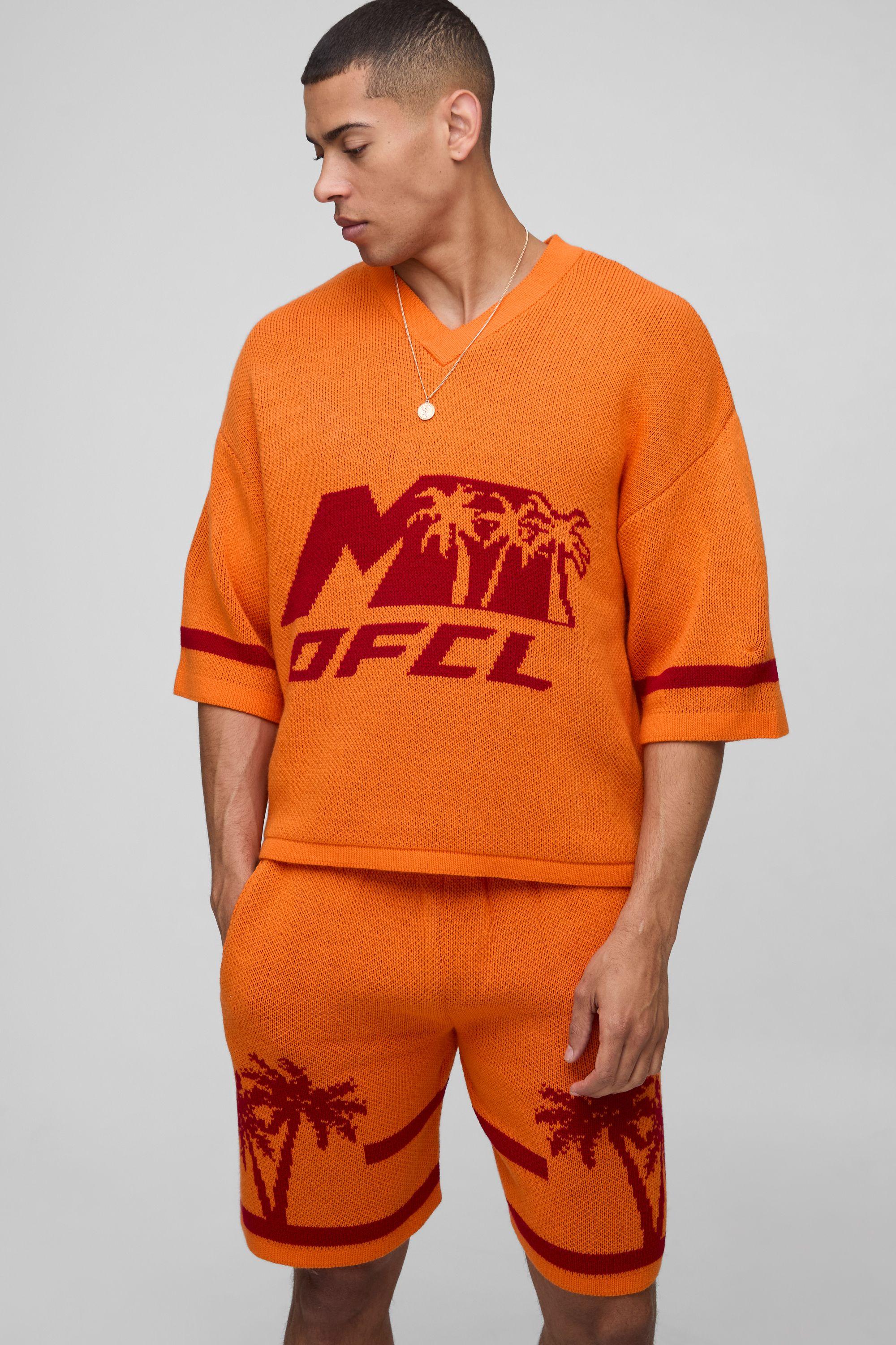 OFCL Oversized Boxy V Neck Baseball Knitted T-Shirt & Short Set by BOOHOOMAN