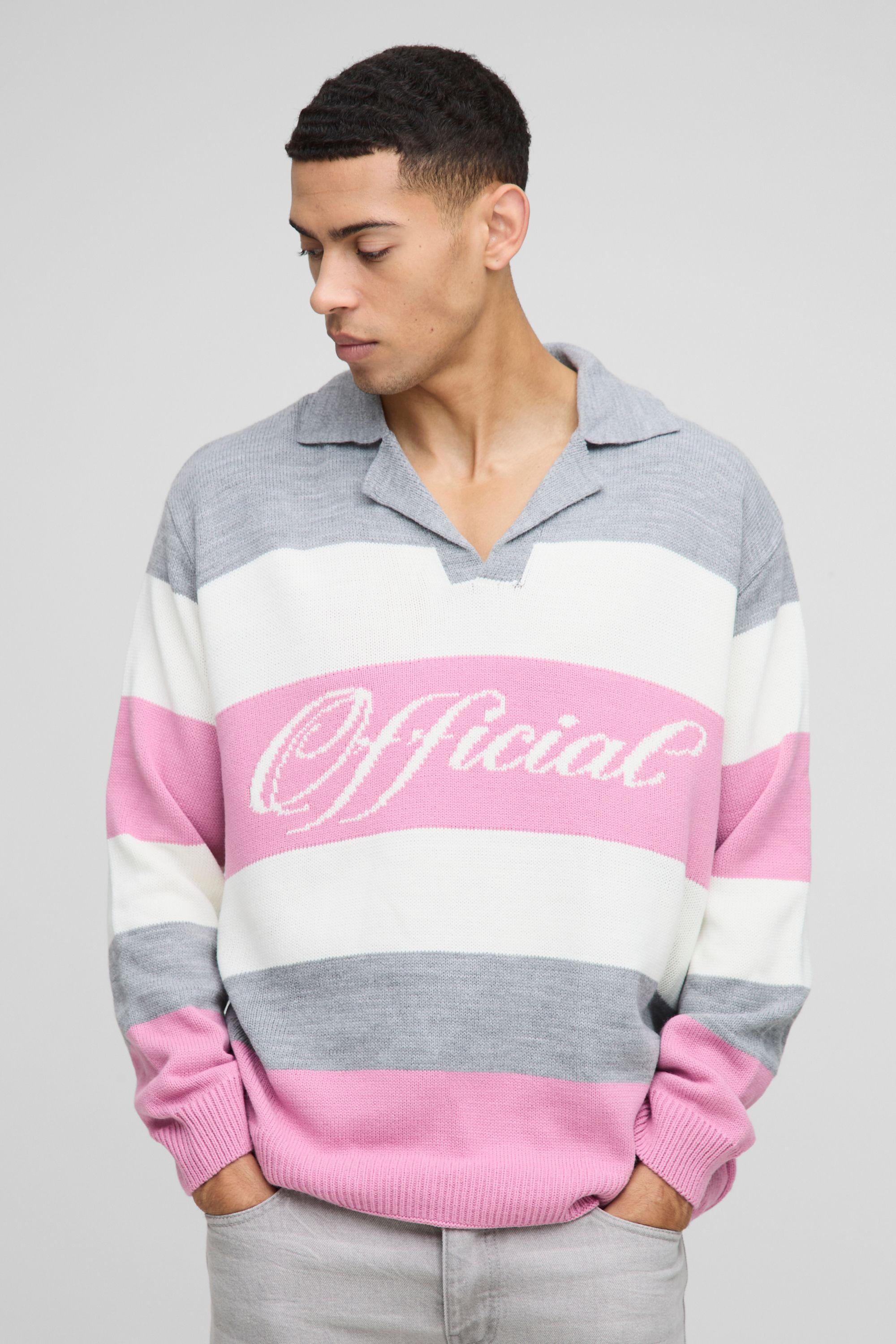 Official Oversized Revere Colour Block Knitted Polo Jumper by BOOHOOMAN