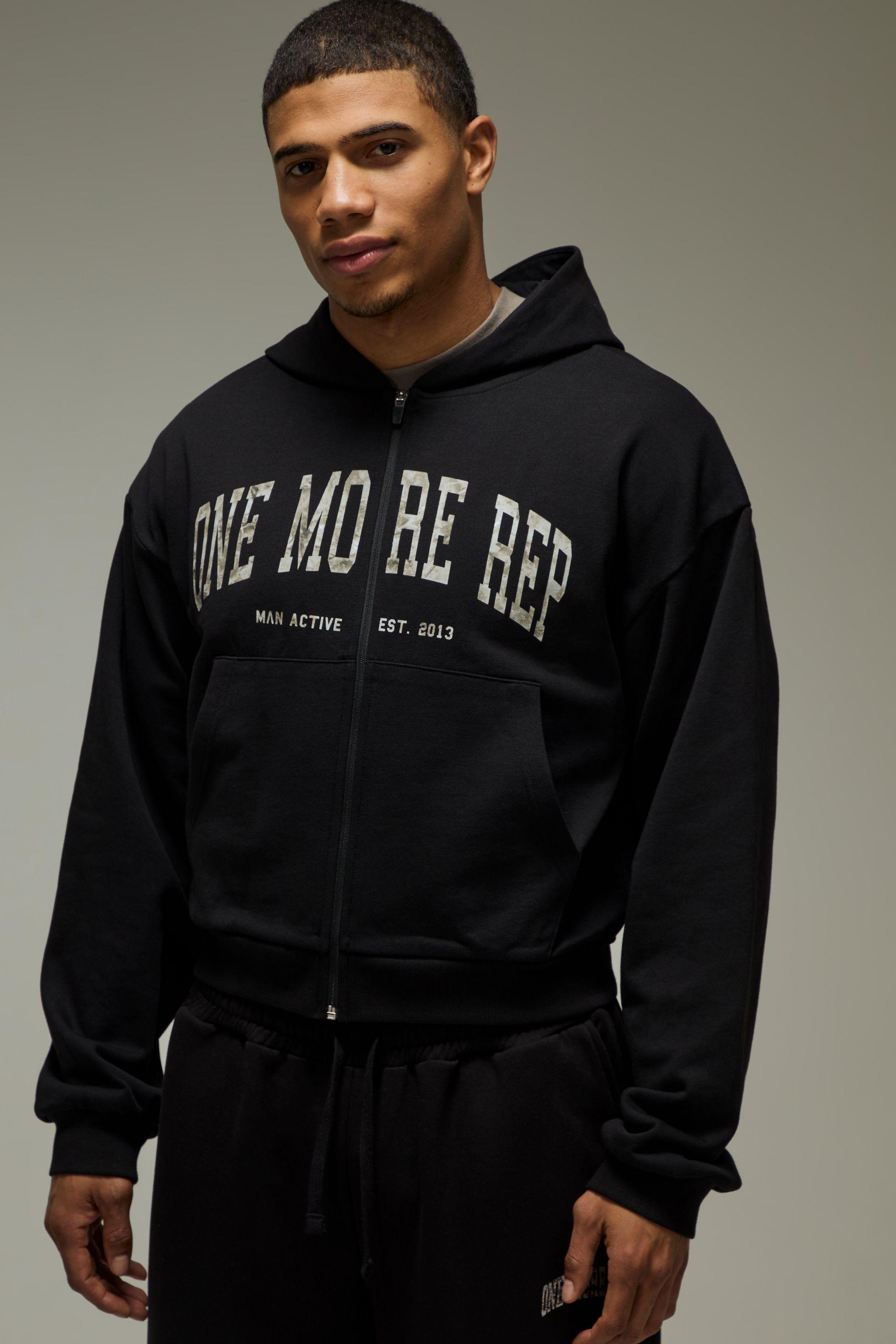 One More Rep Camo Shrunken Boxy Zip Through Hoodie by BOOHOOMAN
