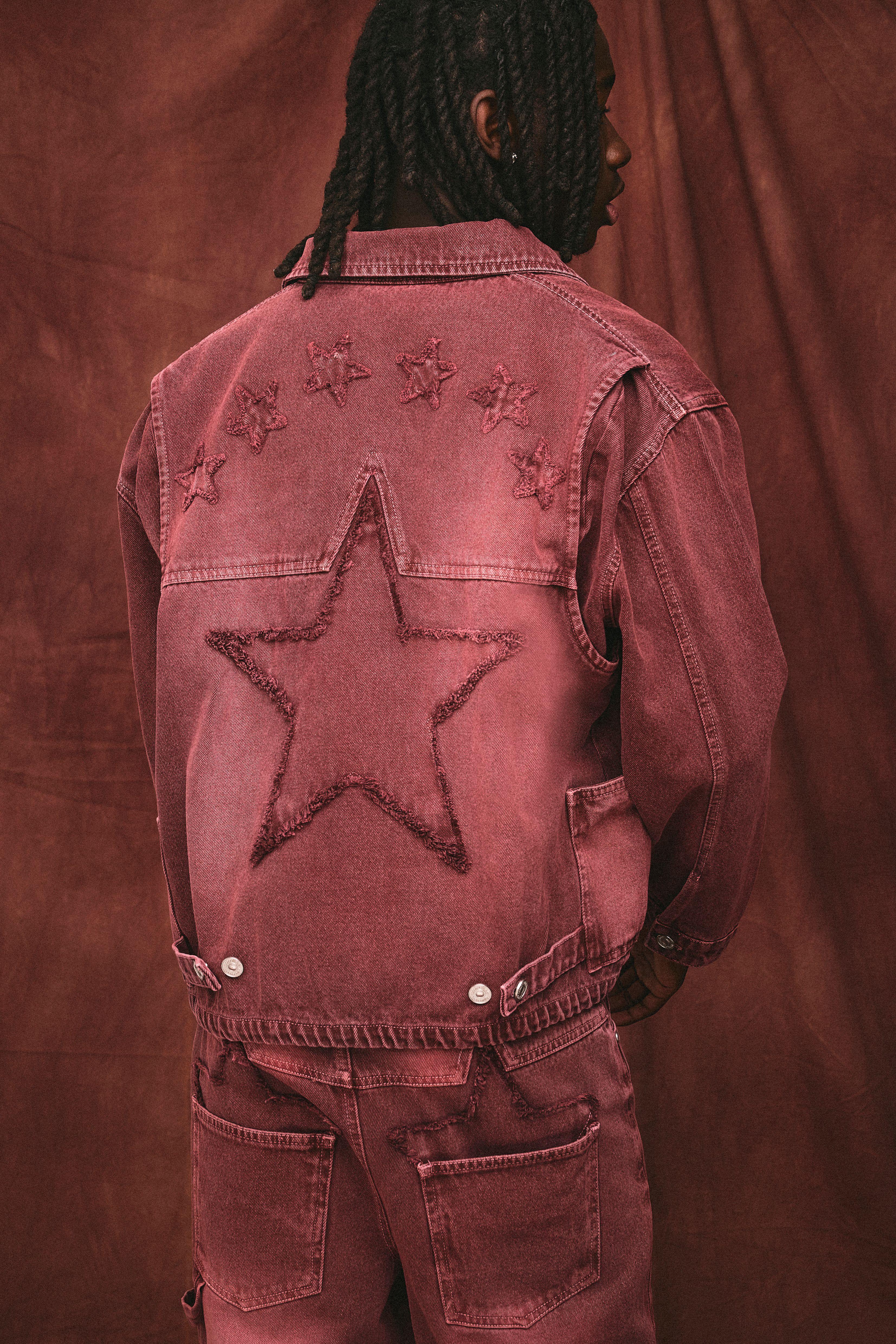 Overdye Western Applique Denim Harrington Jacket by BOOHOOMAN