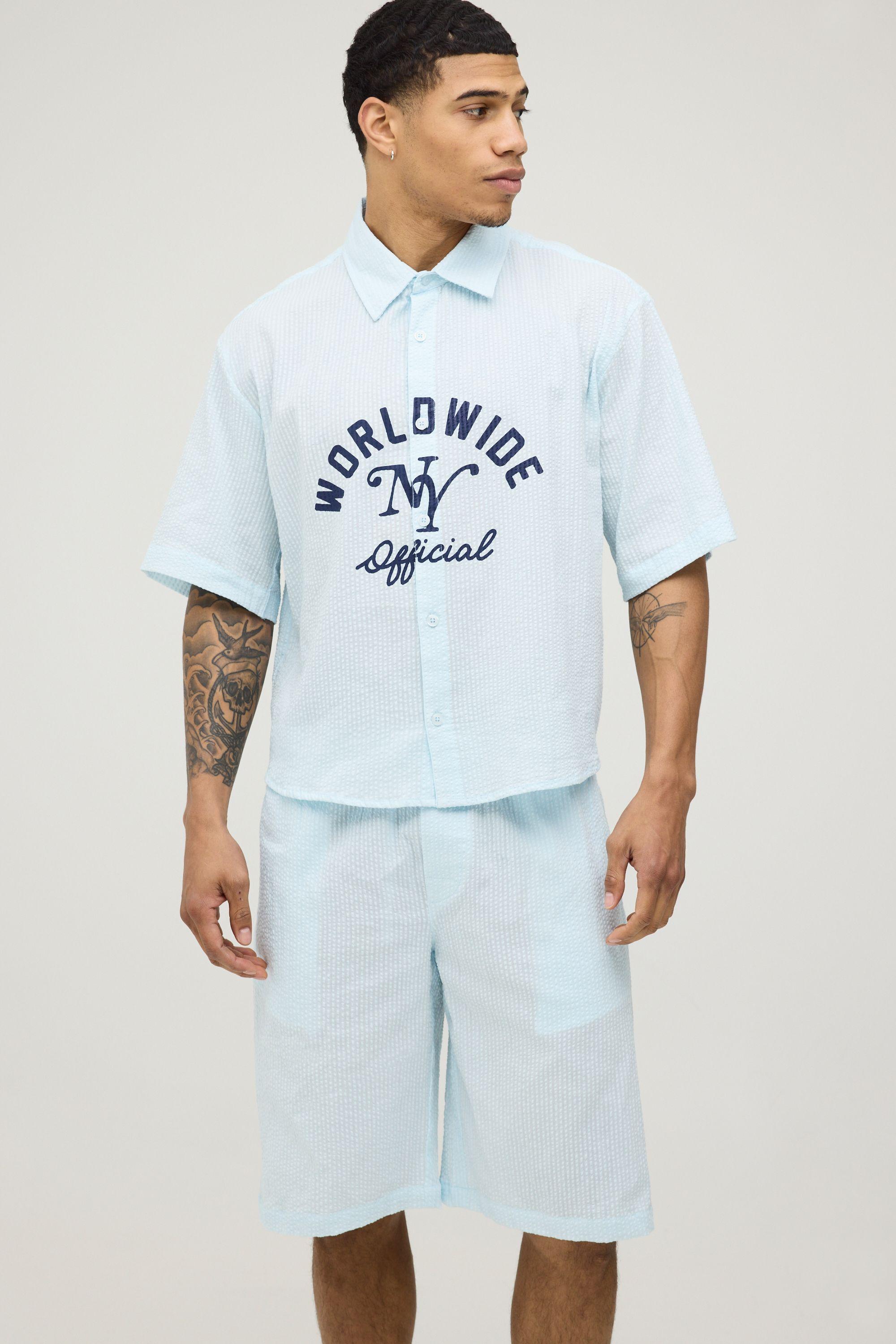 Overdyed Seersucker Printed Oversized Boxy Shirt & Longline Baggy Short Set by BOOHOOMAN