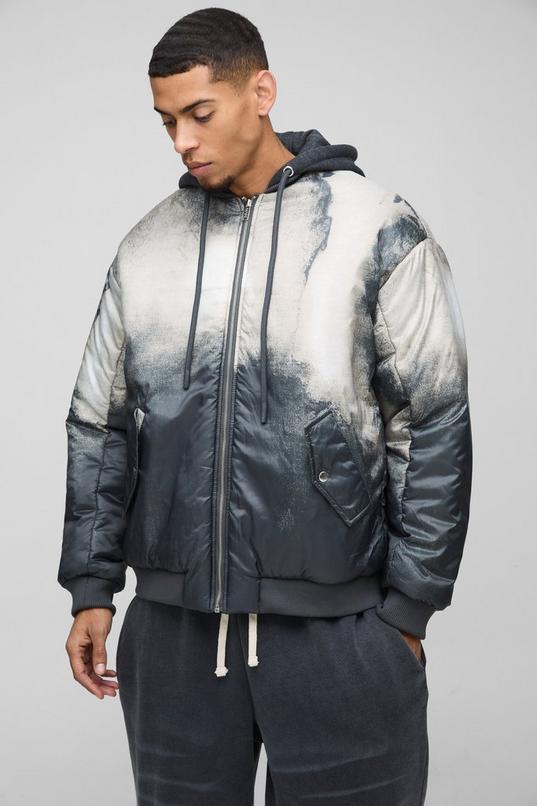 Oversized Abstract Print Hooded Bomber Jacket In Charcoal by BOOHOOMAN