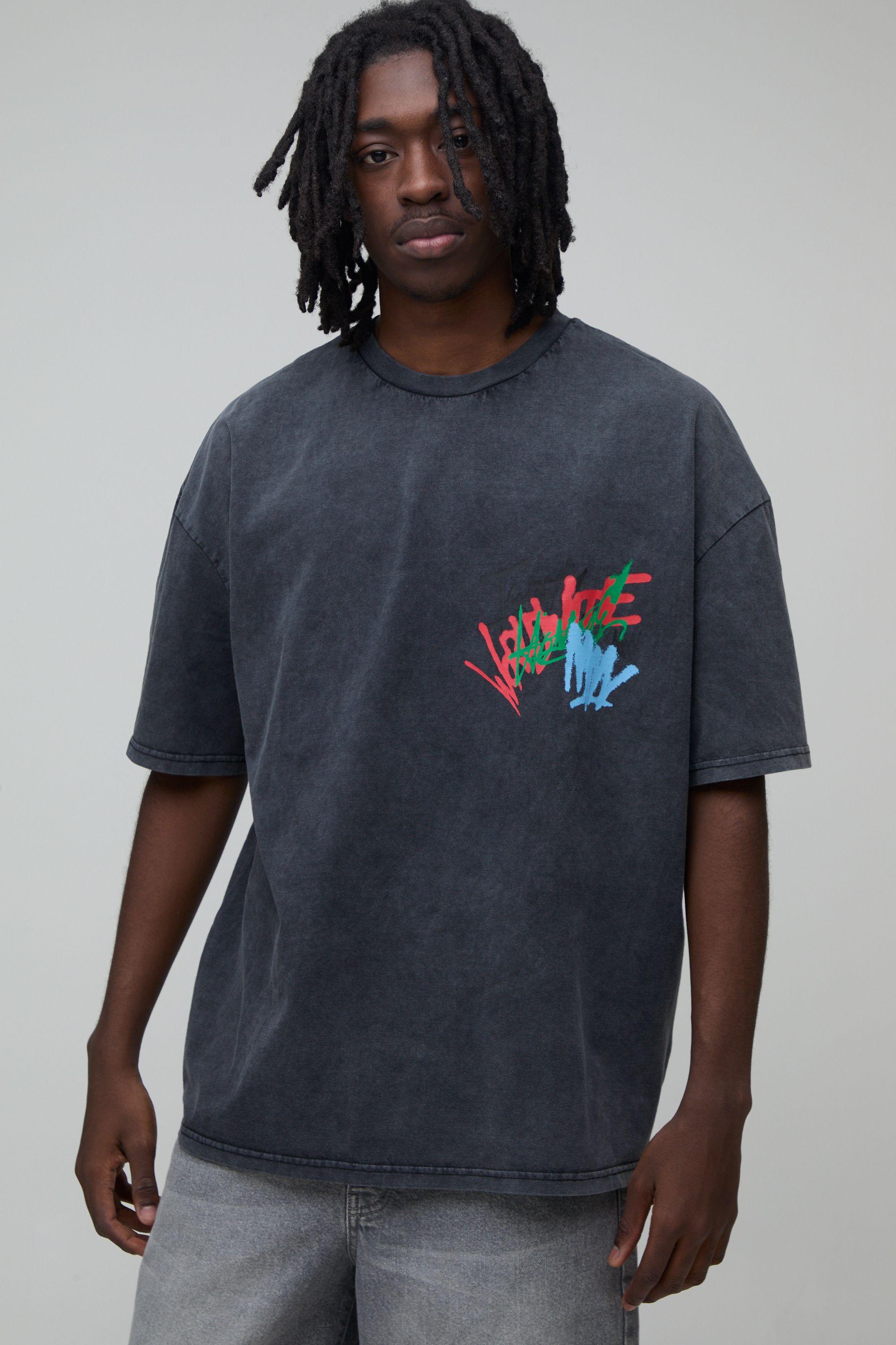 Oversized Acid Wash Graffiti Print T-shirt by BOOHOOMAN