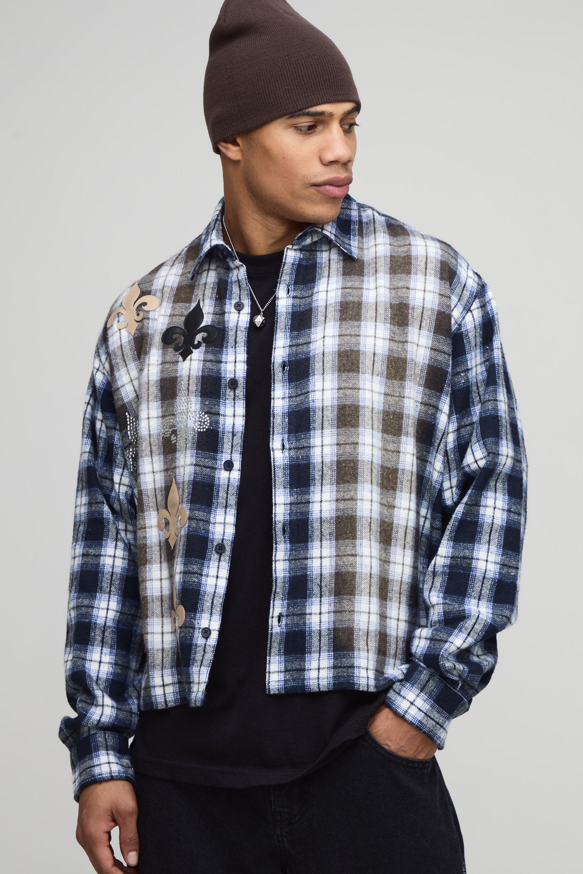Oversized Applique Distress Boxy Revere Long sleeve Check Shirt by BOOHOOMAN